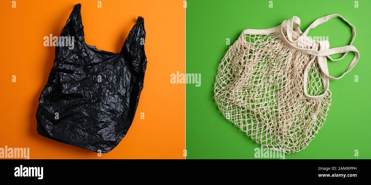Einweg-Einkaufstasche Aus Kunststoff aus Polyethylen im Vergleich zu Wiederverwendbaren Mesh Net Einkaufstaschen Aus Baumwolle Eco-Freundlicher Tragezug. Vergleichskonzept. Frei von Kunststoff, kein Abfall, Sust Stockfoto