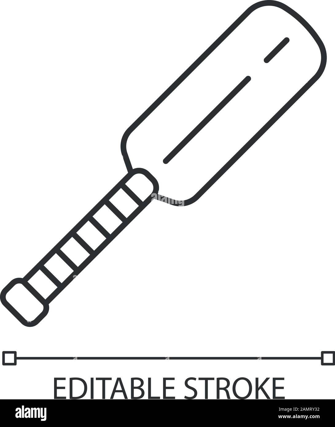 Cricket-Fledermaus-Symbol. Ausrüstung für Batsmen. Flacher Holzblock mit langem Griff. Internationaler Sport. Dünne Linie. Kontursymbol. Vecto Stock Vektor