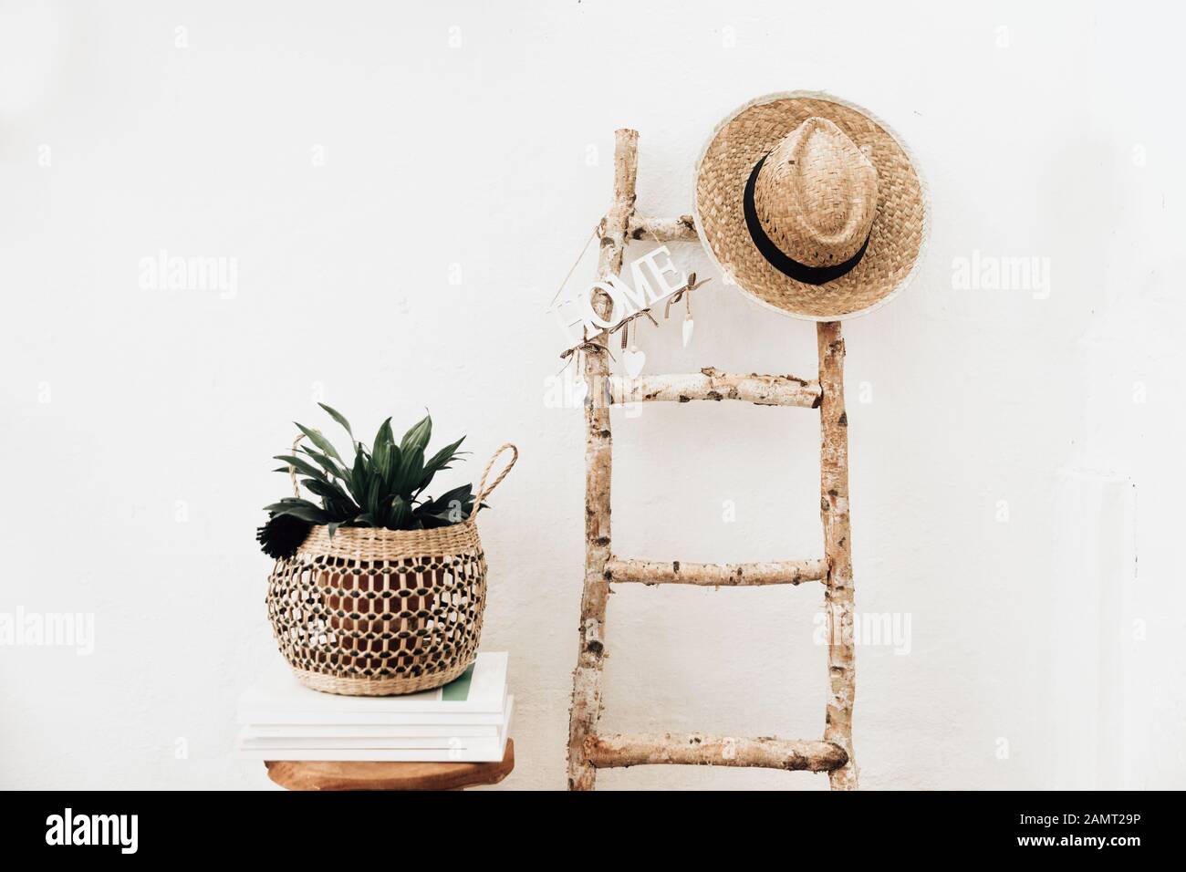 Pflanzen Sie in einem macrame Halter auf einem Holzhocker neben einer Leiter Stockfoto
