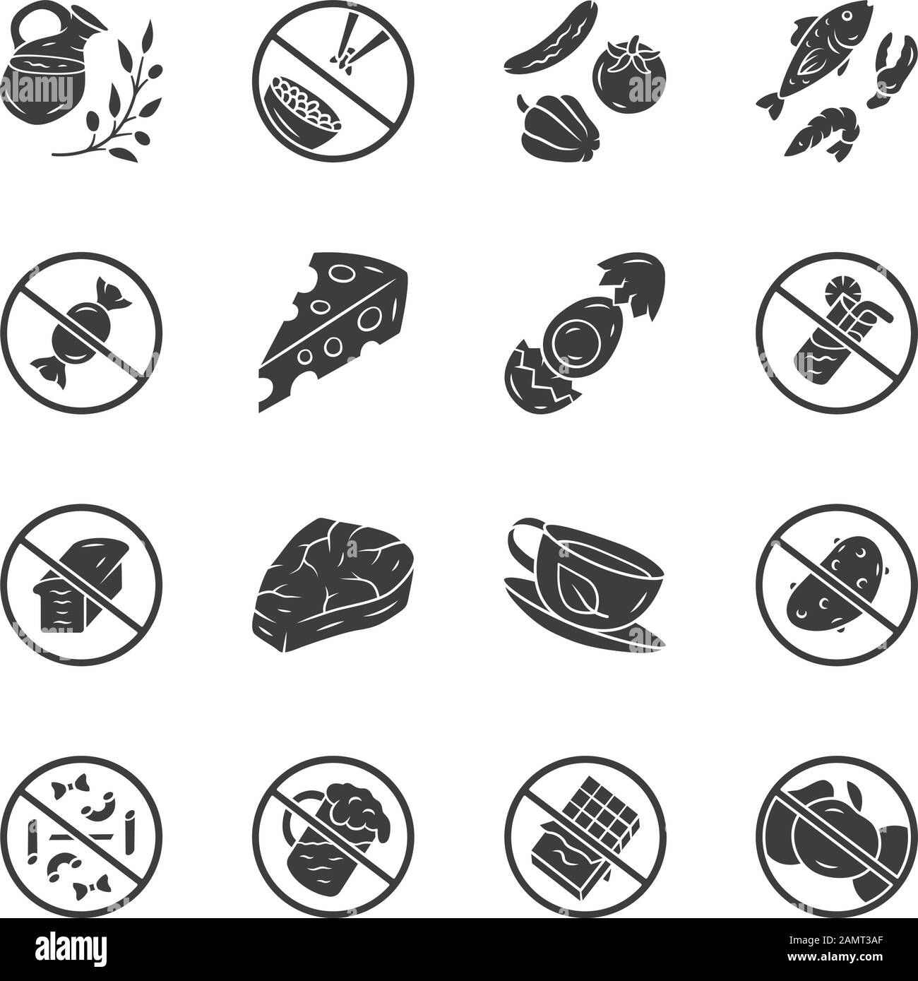 Keto Diet Flat Design Long Shadow Glyph Icons Set. Niedrige Karben und gesunde Ernährung. Produkte mit hohem Proteingehalt. Sugar Free Food Silhouette Symbole. Fisch, vegg Stock Vektor