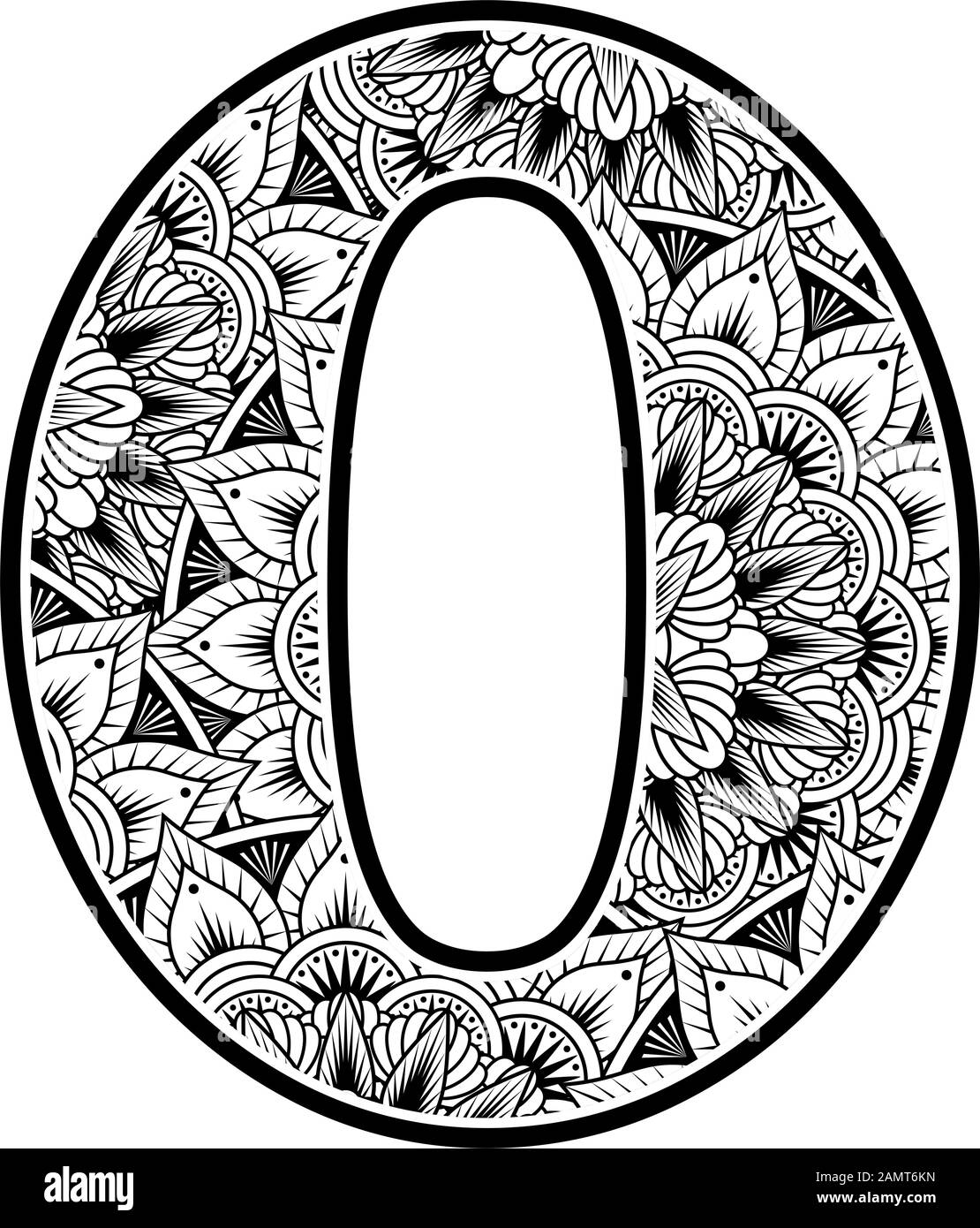 Nummer 0 mit abstrakten Blumenschmuck in Schwarzweiß. Design inspiriert von Mandala-Kunststil zum Färben. Isoliert auf weißem Hintergrund Stock Vektor