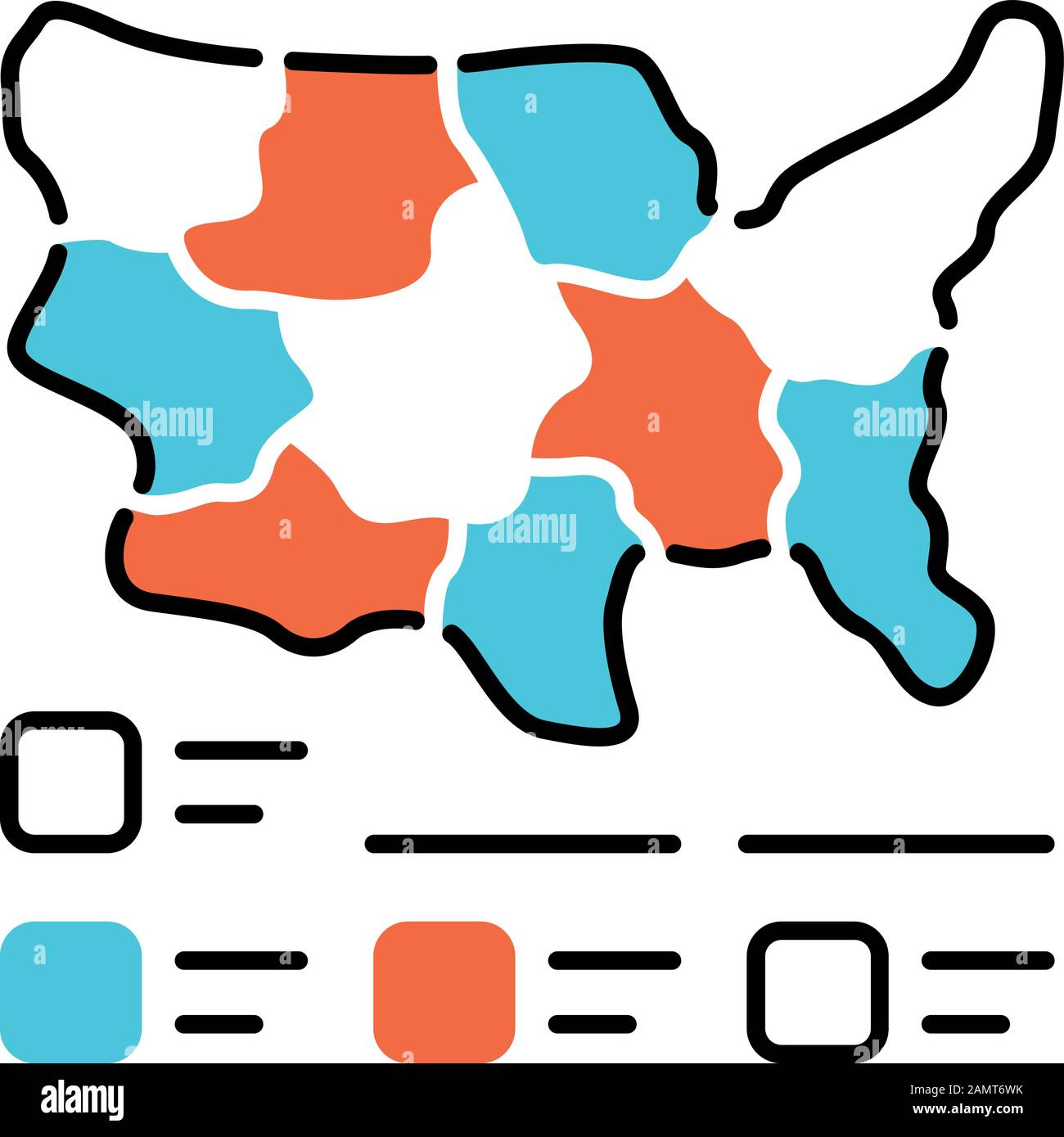 Kartogramm-Farbsymbol. Diagramm. USA-Karte mit Statistiken. Datenvisualisierung. Finanzielle, soziologische, visuelle Marketinginformationen. Geographische Unterschiede Stock Vektor