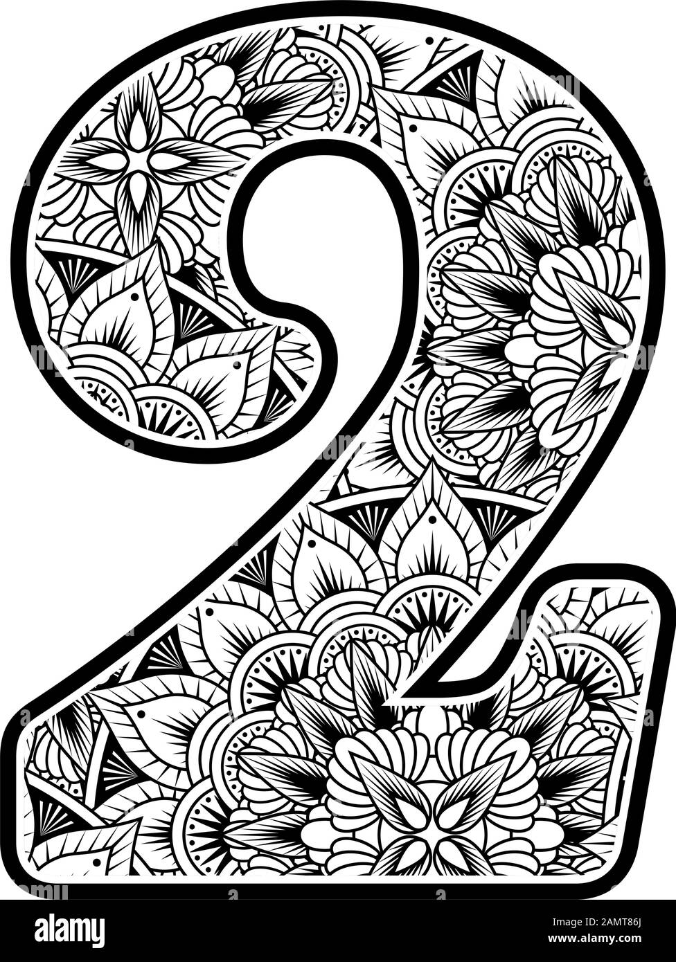 Nummer 2 mit abstrakten Blumenschmuck in Schwarzweiß. Design inspiriert von Mandala-Kunststil zum Färben. Isoliert auf weißem Hintergrund Stock Vektor