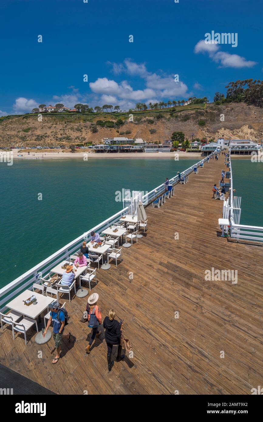 Anzeigen von Malibu Pier und die Küste, Malibu, Kalifornien, Vereinigte Staaten von Amerika, Nordamerika Stockfoto