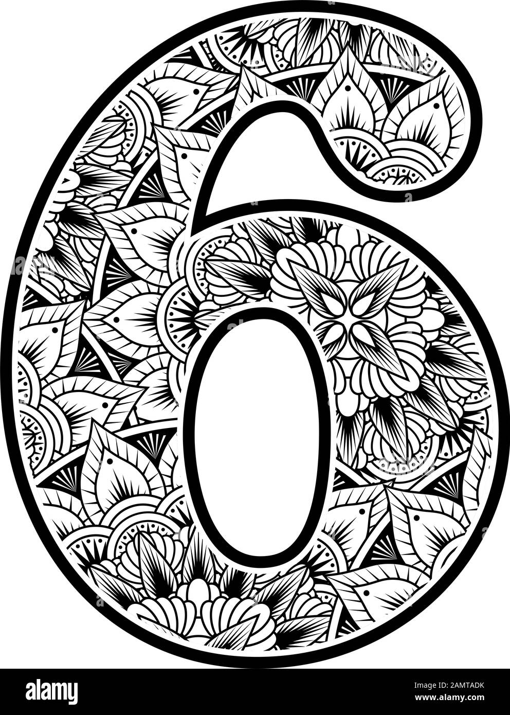 Nummer 6 mit abstrakten Blumenornamenten in schwarz-weiß. Design inspiriert von Mandala-Kunststil zum Färben. Isoliert auf weißem Hintergrund Stock Vektor