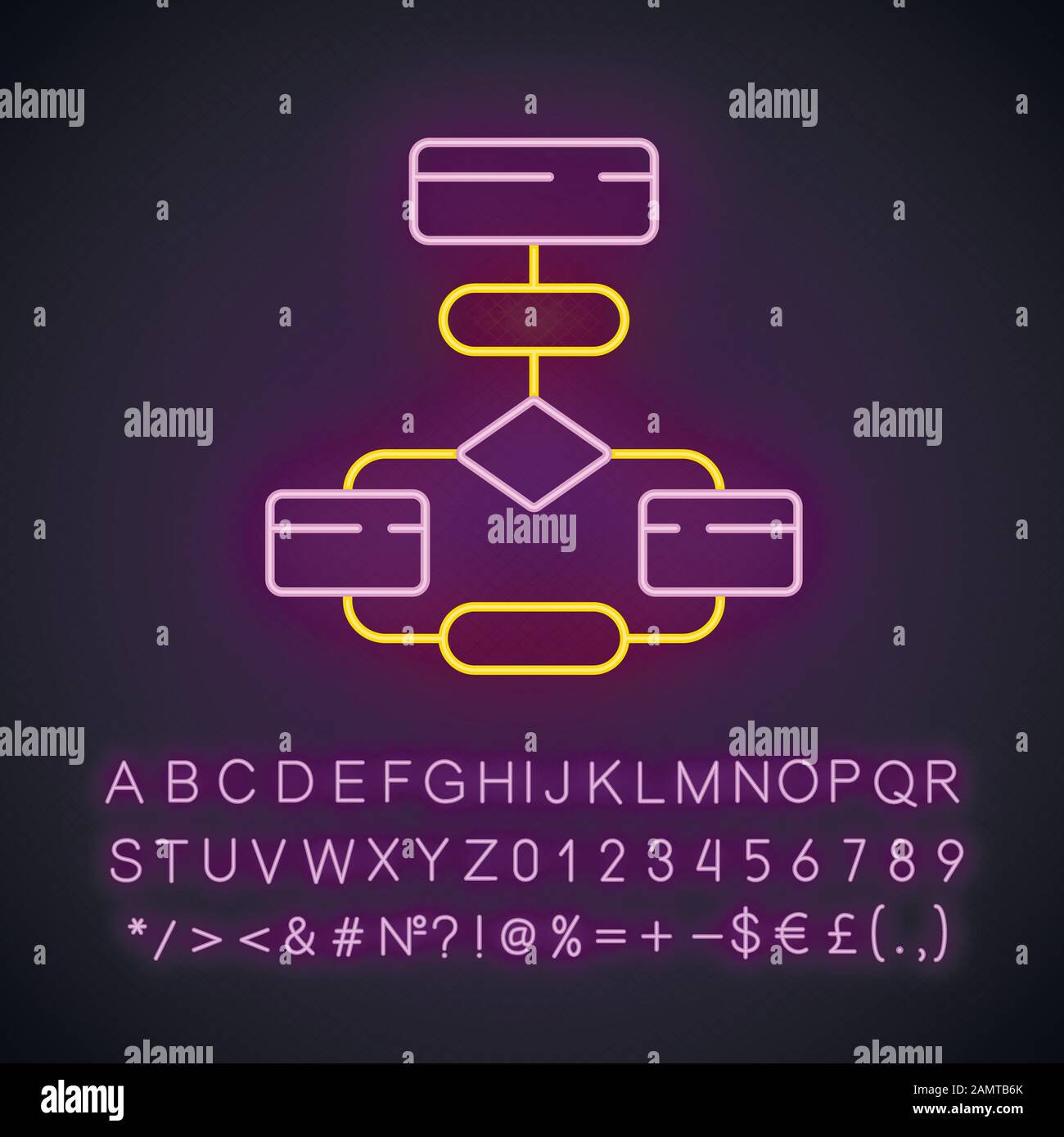 Symbol für das Flussdiagramm der Neonbeleuchtung. Flussdiagramm. Prozessvisualisierung. Problemlösungsstufen. Logiksequenz programmieren. Algorithmus. Leuchtendes Zeichen mit Alphabet, Stock Vektor