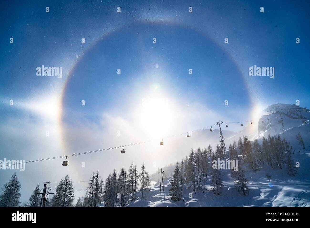 Oberleitungsbahn in der Berglandschaft, Zauchensee, Salzburg, Österreich Stockfoto