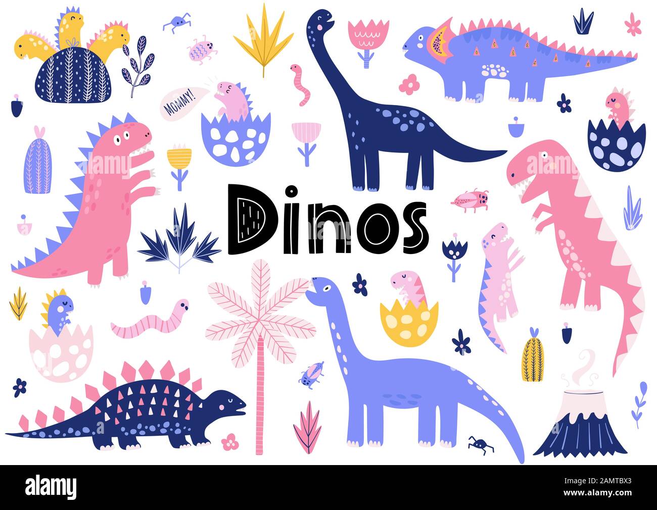 Süße Dinosaurier-Kollektion mit ihren Baby-Dinos Stock Vektor