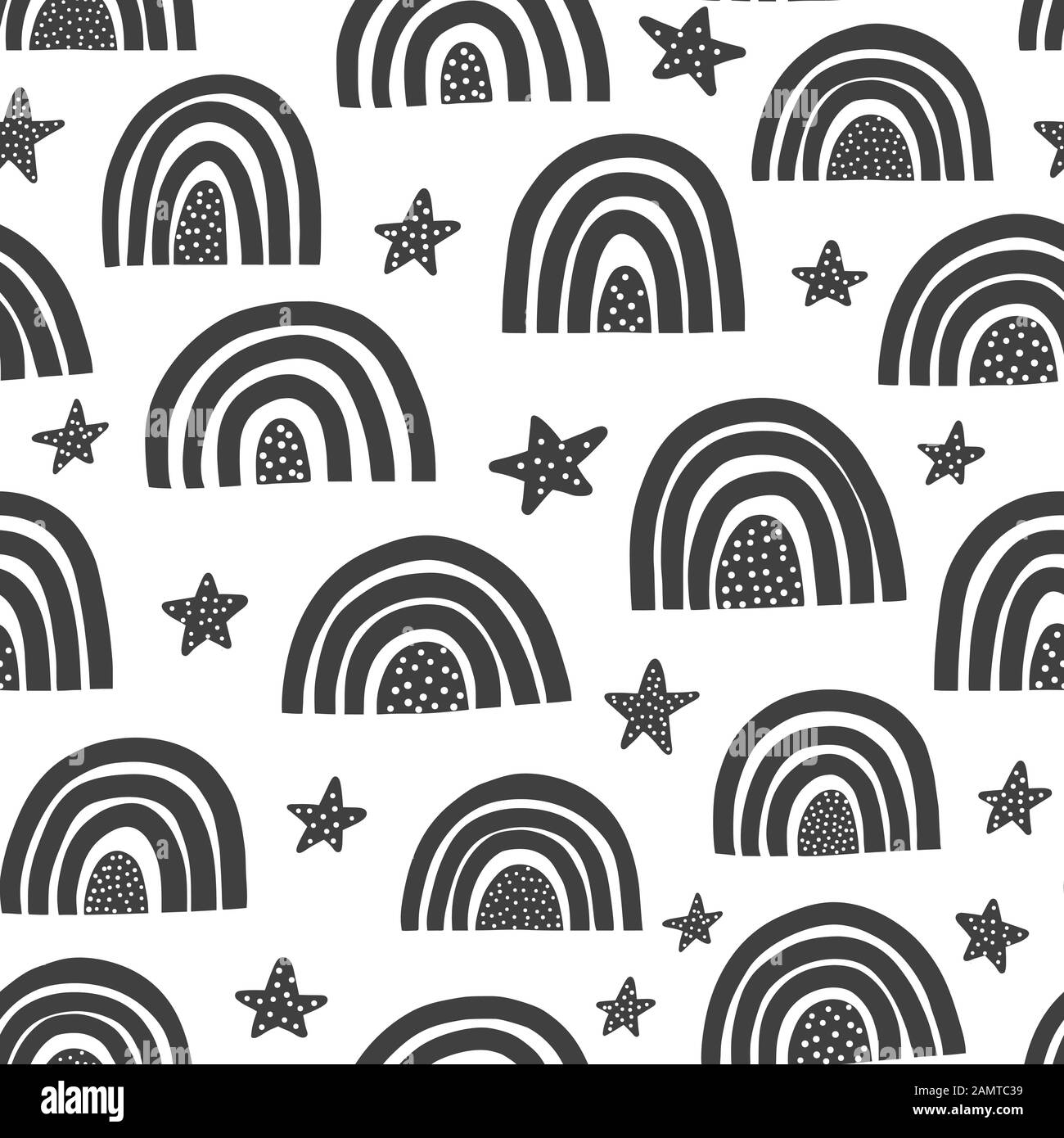 Skandinavische Regenbögen mit nahtlosem Muster. Schwarz-weißer Dotterhintergrund Stock Vektor