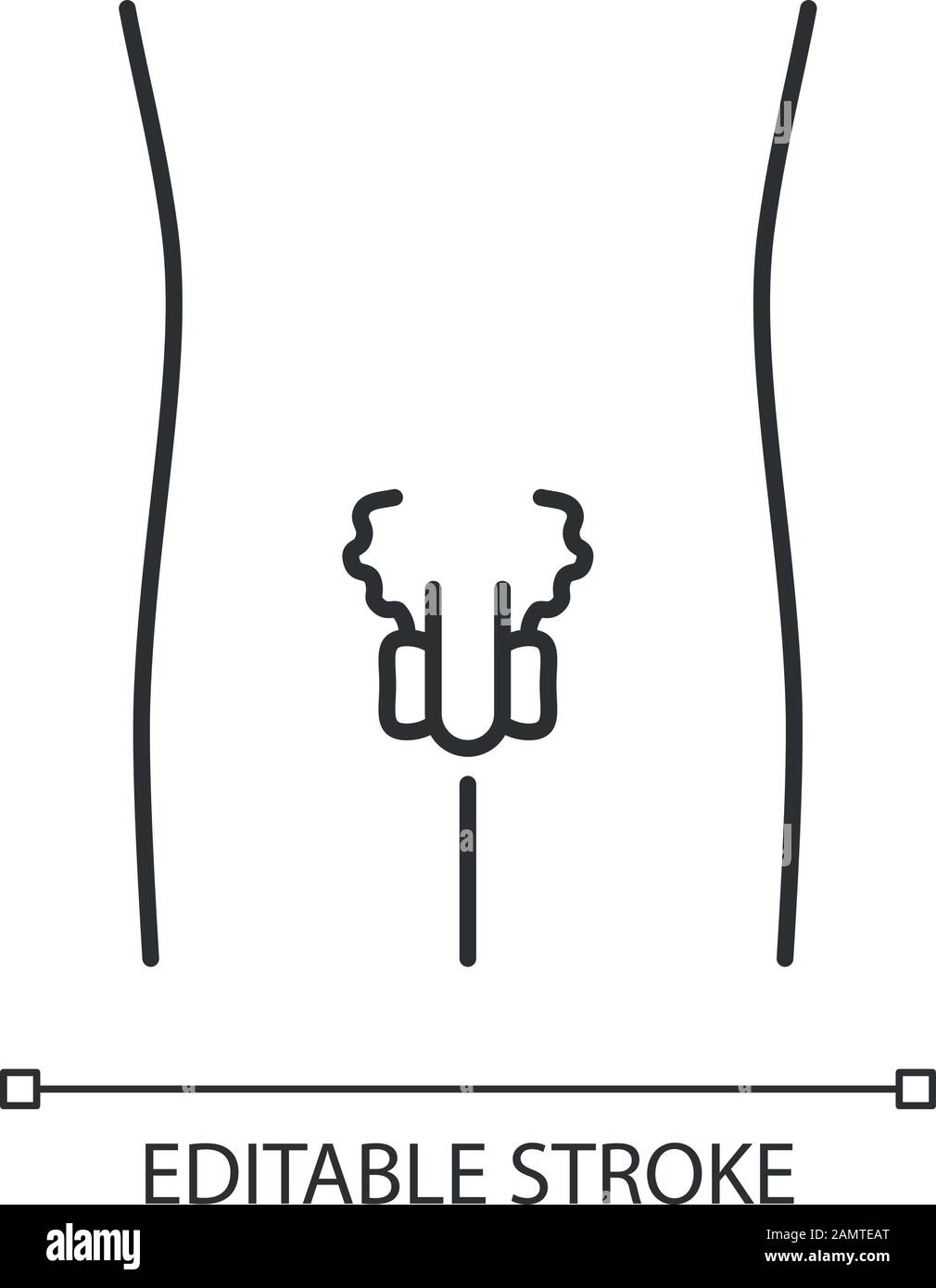 Symbol für das lineare Fortpflanzungssystem von kranken Männern. Schmerzendes menschliches Organ. Gesundheit der Männer. Dünne Linie. Kontursymbol. Vektor-isolierte Konturzeichnung. Edita Stock Vektor