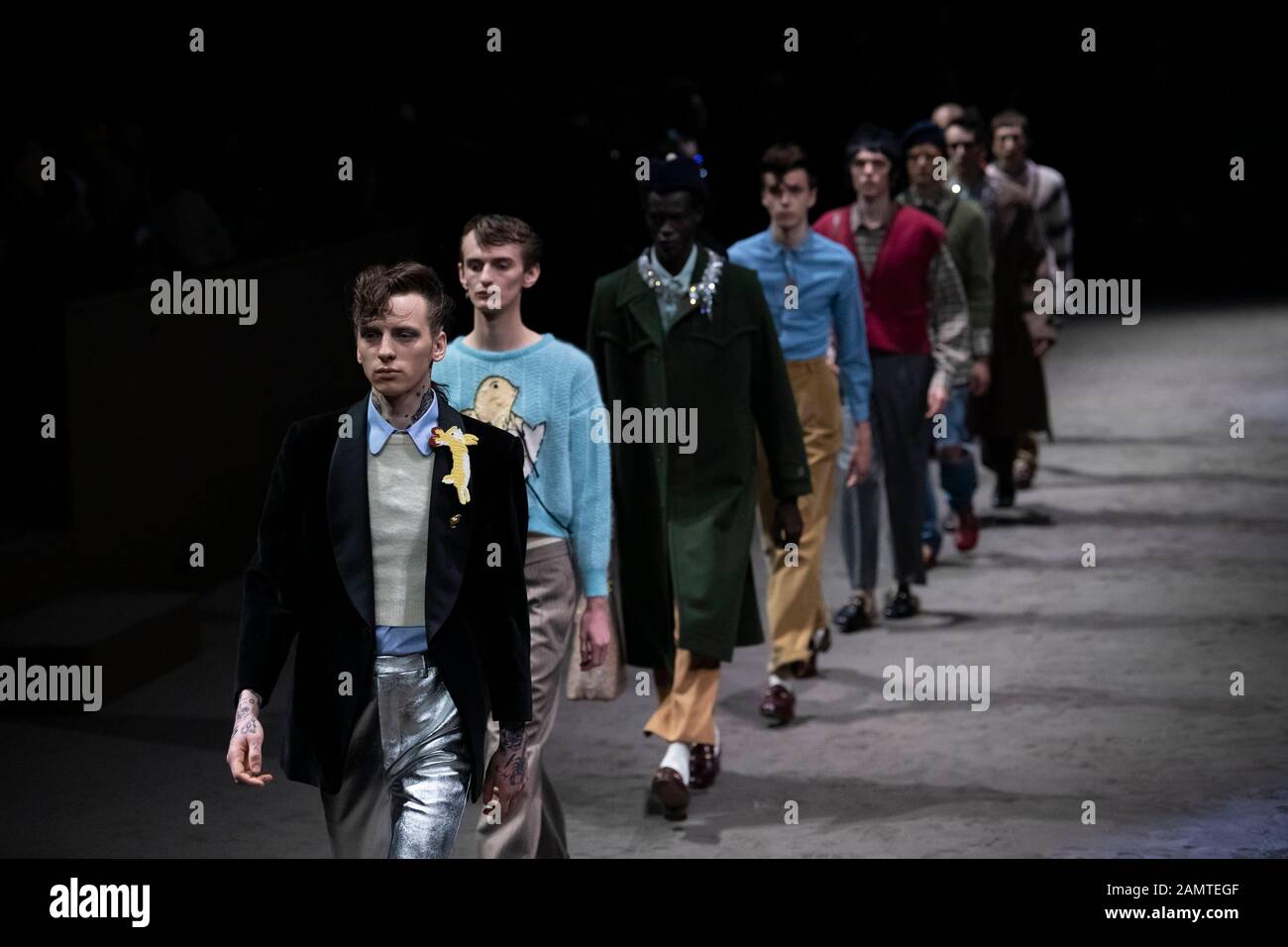 Mailand, Italien. Januar 2020. Gucci Herbst/Winter 2020/2021 Start- Und Landebahn während der Mailänder Fashion Week Men'Äôs Januar 2020 - Mailand, Italien 14.01.2020 weltweite Nutzung Credit: Dpa/Alamy Live News Stockfoto