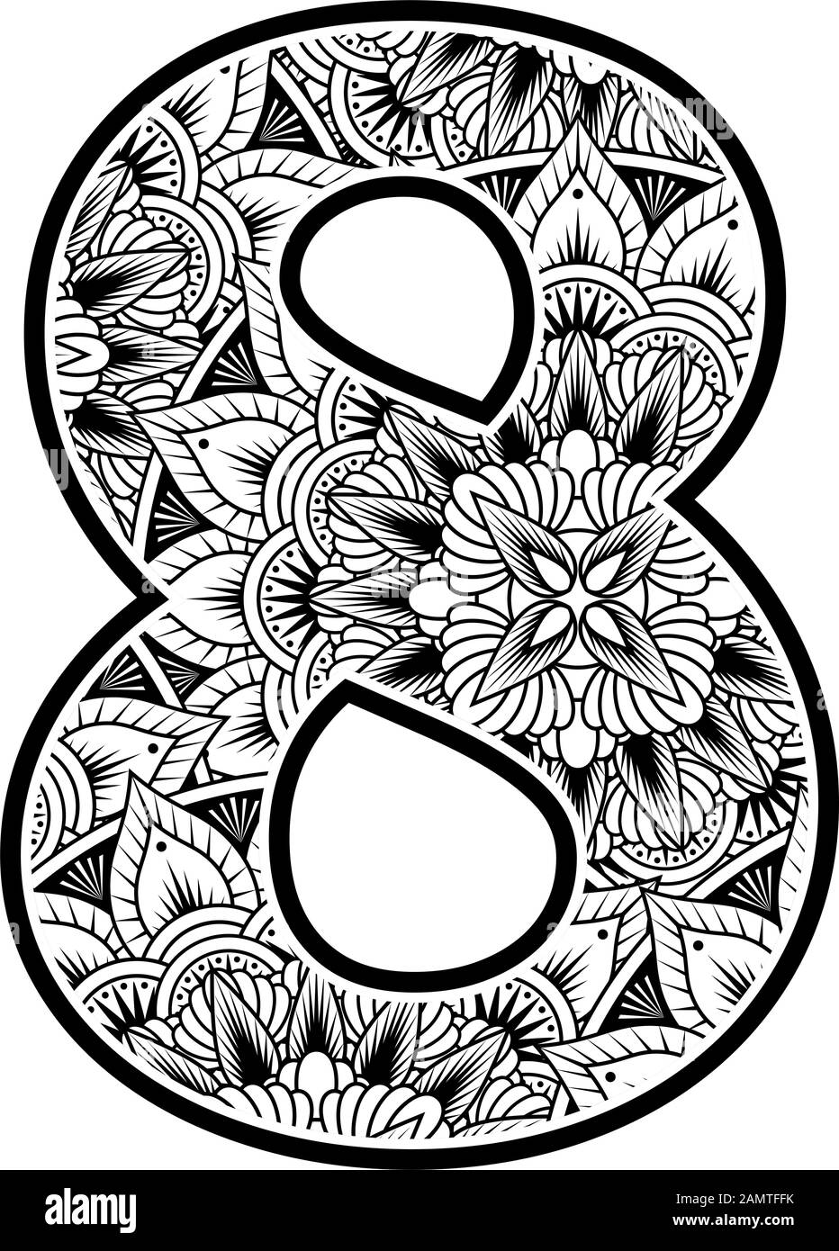 Nummer 8 mit abstrakten Blumenornamenten in schwarz-weiß. Design inspiriert von Mandala-Kunststil zum Färben. Isoliert auf weißem Hintergrund Stock Vektor