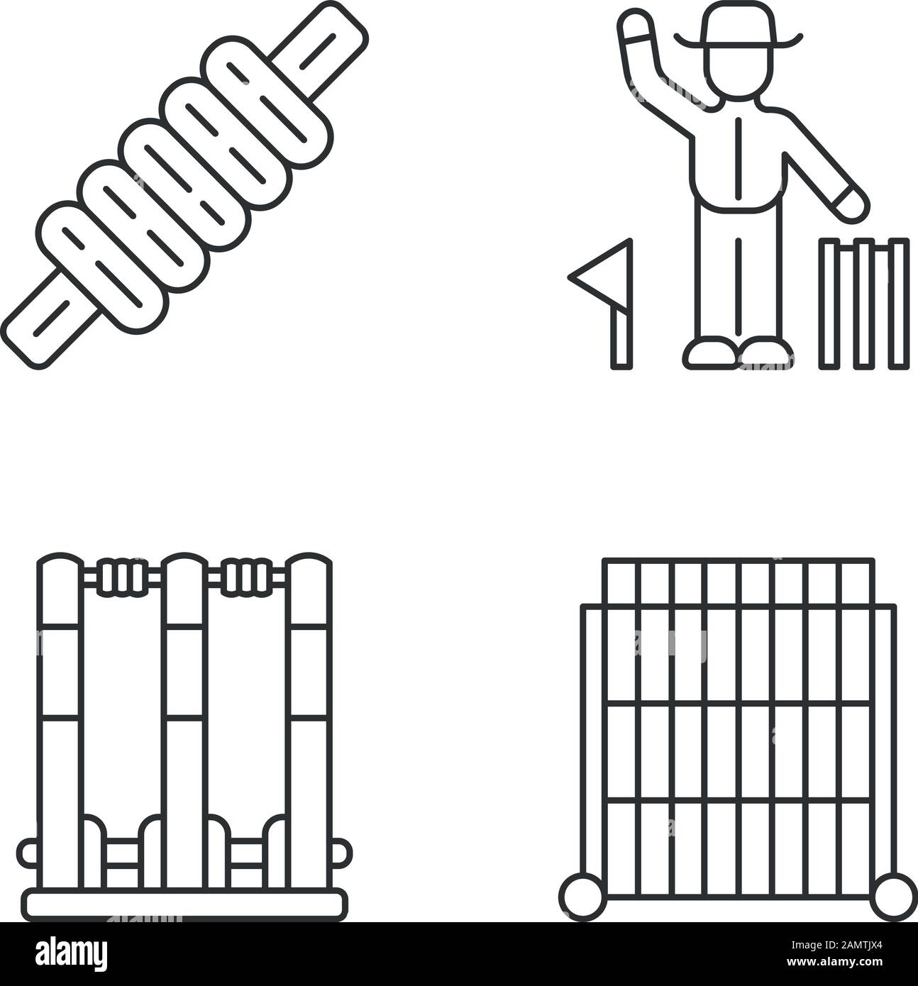 Lineare Symbole für Cricket-Meisterschaft gesetzt. Sportwettbewerb. Kaution, Stümpfe, Sichtschirm, Schiedsrichter. Sportausrüstung, Richter. Kontursymbole mit dünnen Linien. Isolieren Stock Vektor