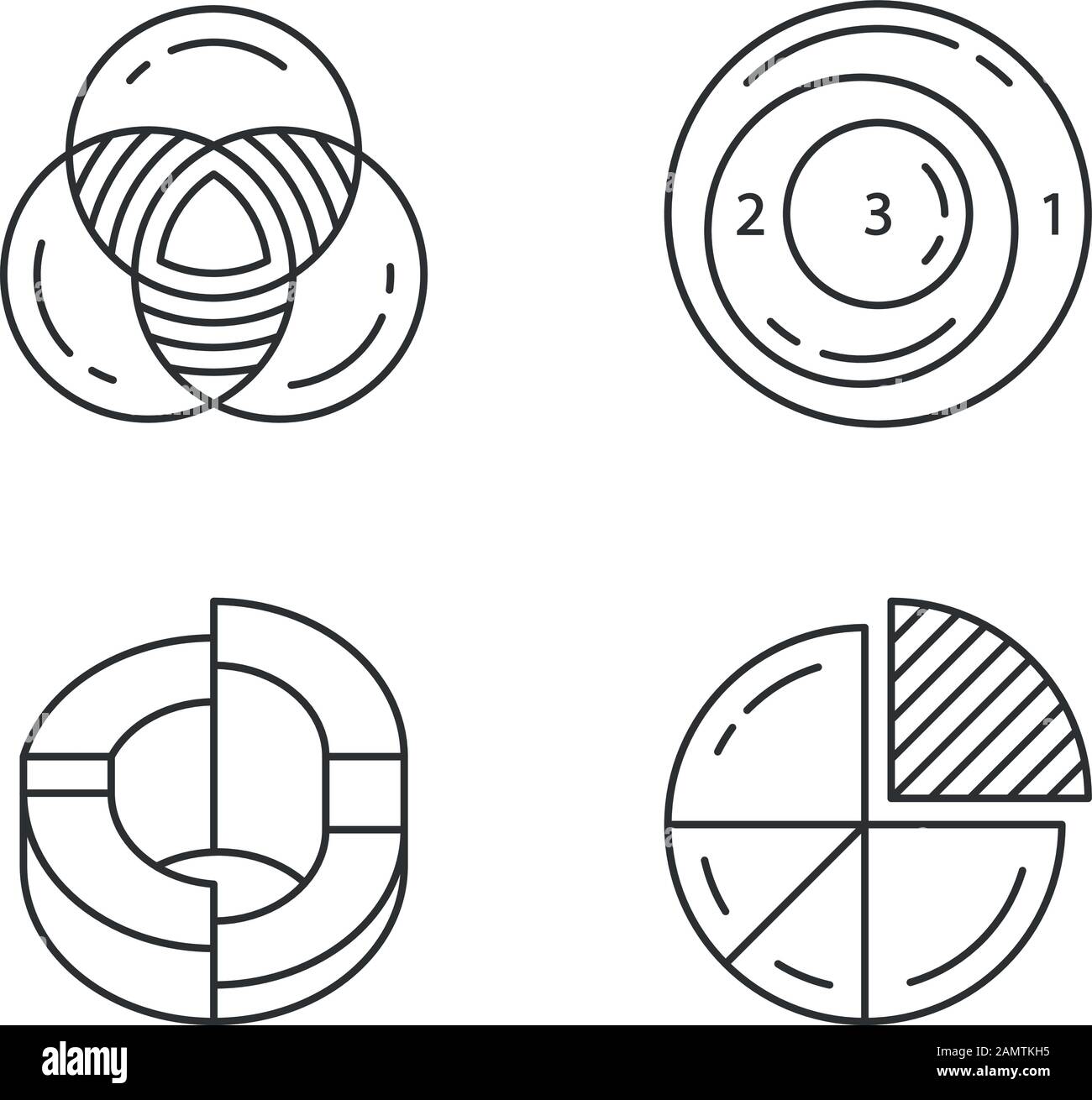 Diagramme lineare Symbole festgelegt. Datengrafik-Visualisierung. Statistische Analyse. Marketinganalyse. Mathematik, Logik. Kontursymbole mit dünnen Linien. Isolierte vect Stock Vektor