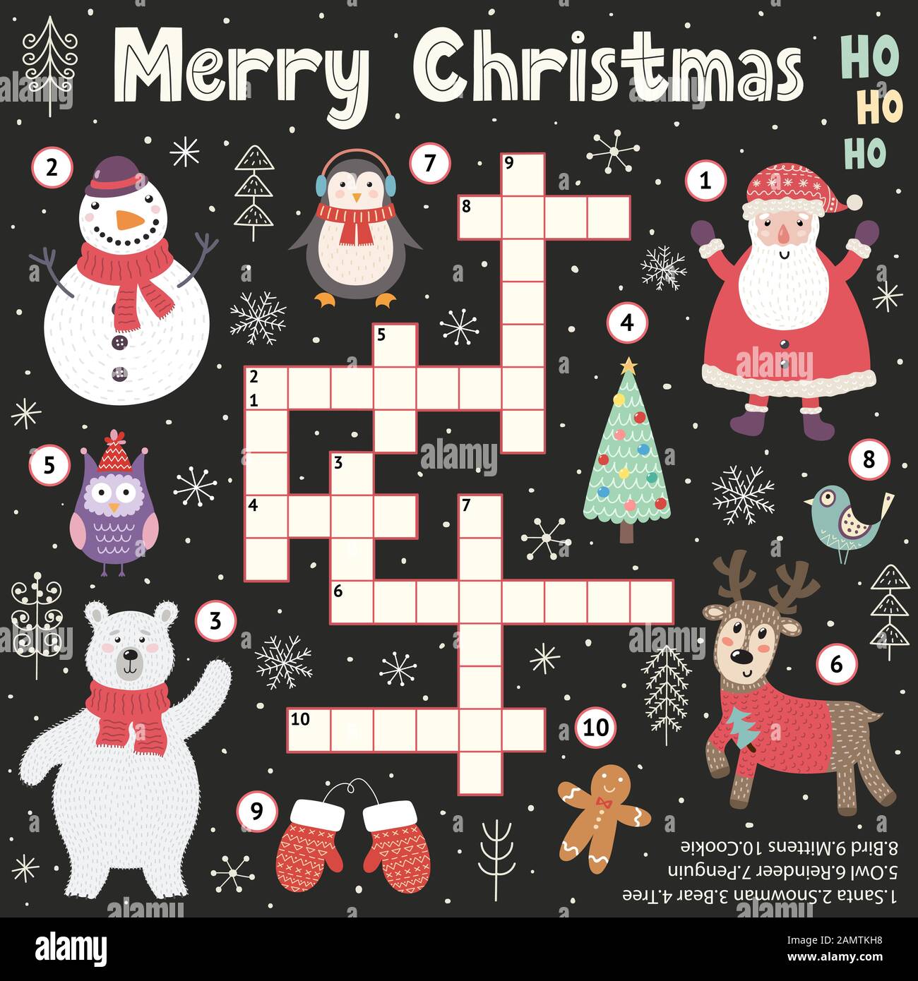 Weihnachts-Kreuzworträtsel für Kinder. Suchbegriff für Aktivitäten im Bildungsbereich Stock Vektor