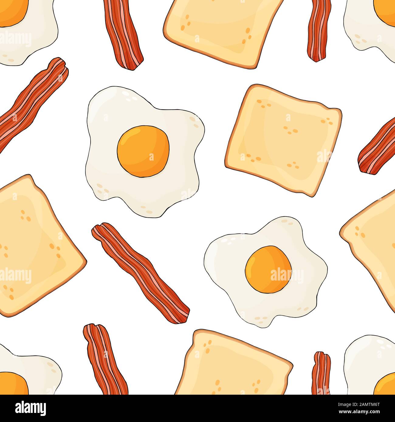 Speck, Rührei und Toast mit nahtlosem Muster. Englischer Frühstückhintergrund Stock Vektor