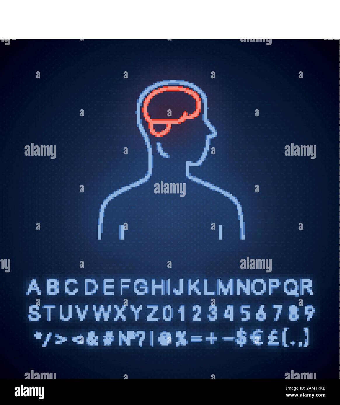 Symbol für gesundes Neonlicht im Gehirn. Menschliches Organ in guter Gesundheit. Funktionierendes Nervensystem. Gesunde psychische Gesundheit. Leuchtendes Zeichen mit Alphabet, Zahlen a Stock Vektor