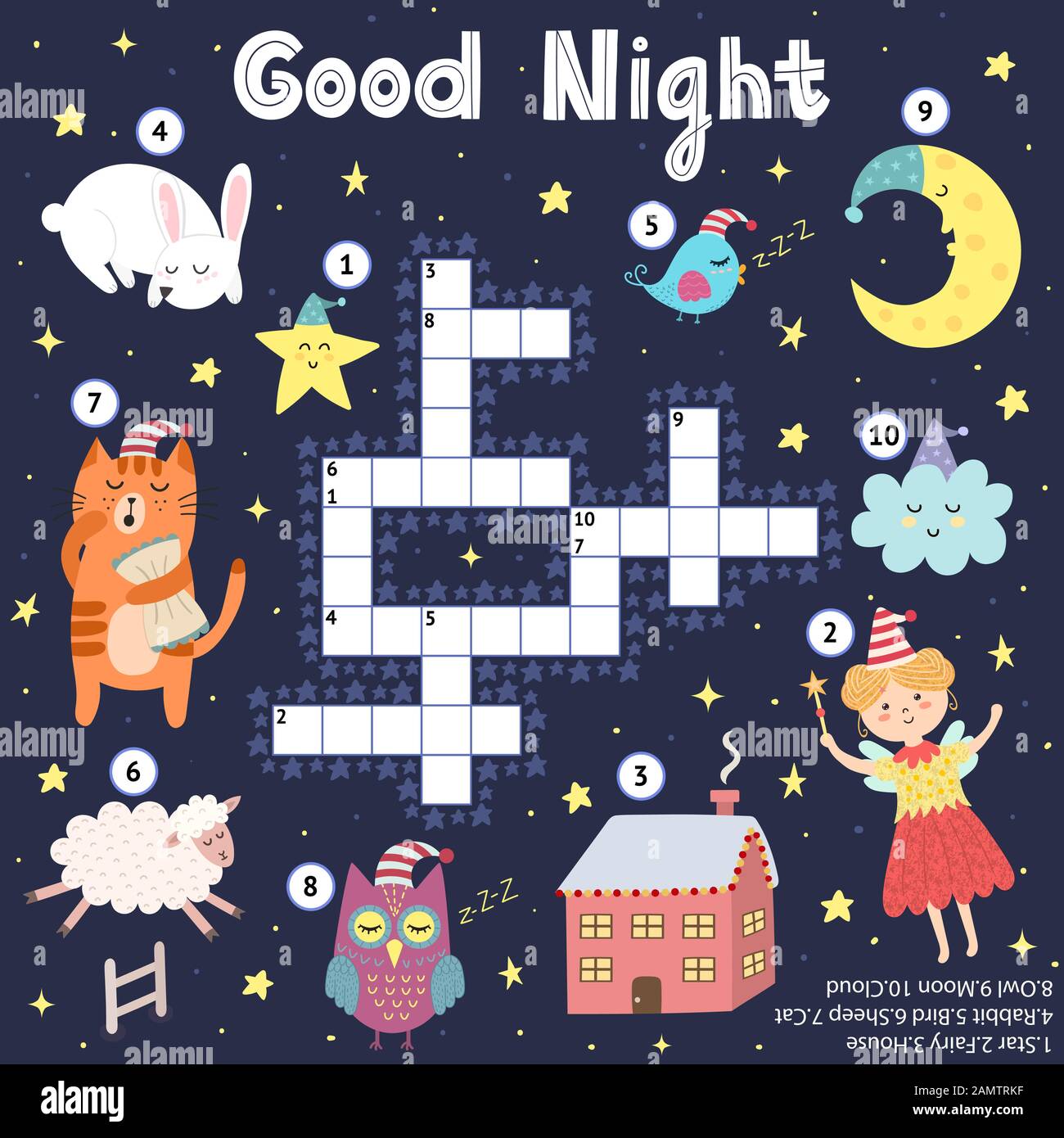 Gute Nacht Kreuzworträtsel für Kinder. Süße Träume finden Wortpuzzle Stock Vektor
