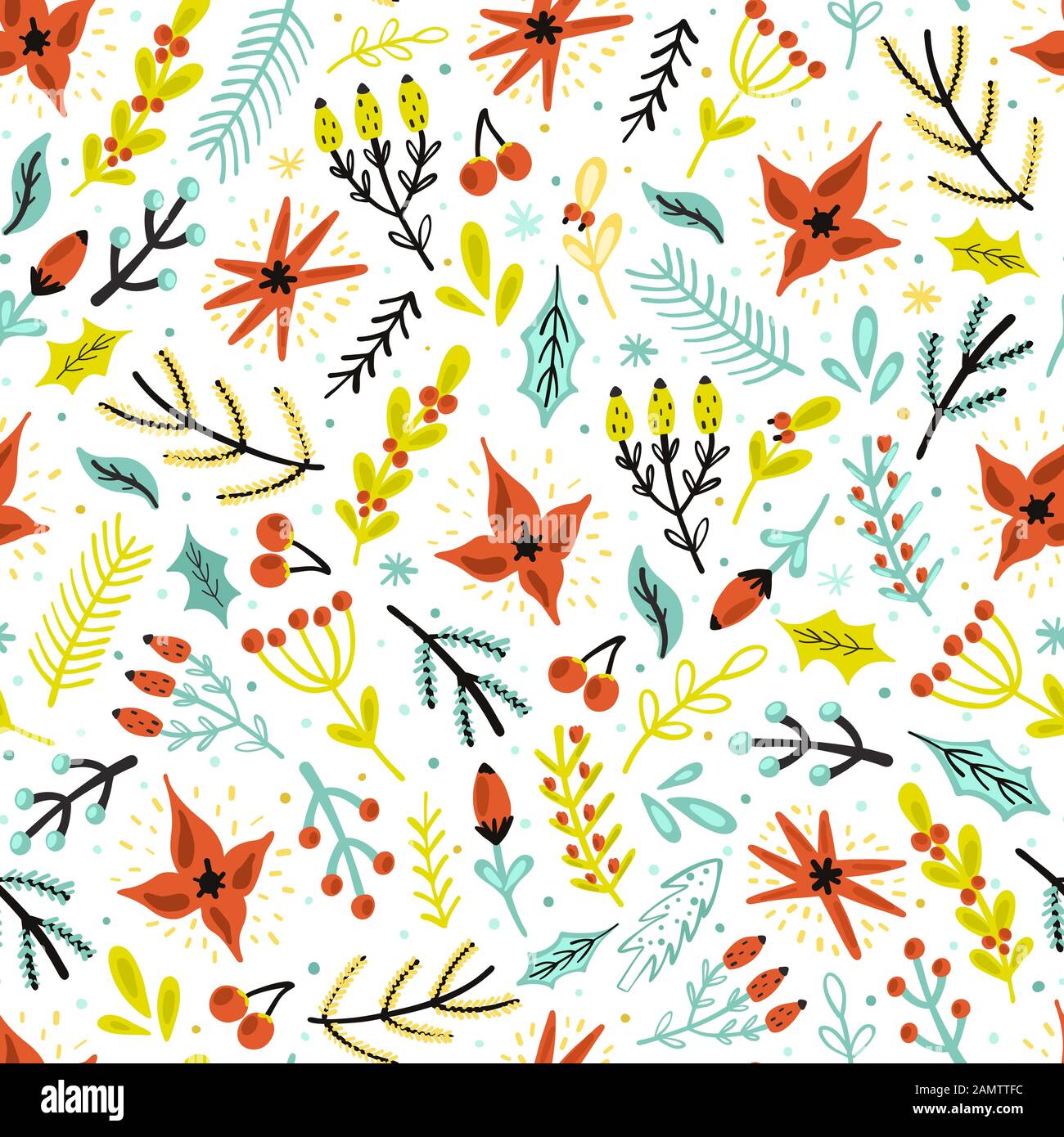 Weihnachtliche Blumen und Pflanzen nahtloses Muster. Winterhintergrund Stock Vektor
