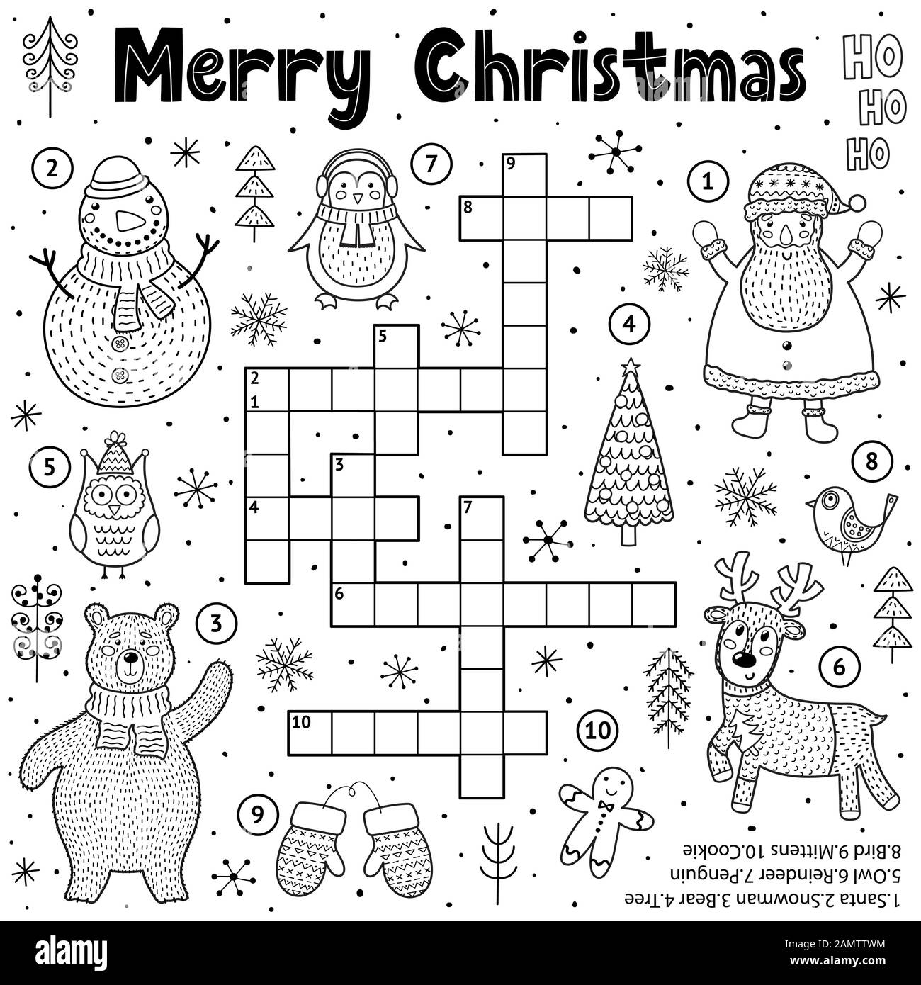 Frohe Weihnachten Kreuzworträtsel für Kinder. Schwarz-weiße Bildungsseite zum Färben Stock Vektor