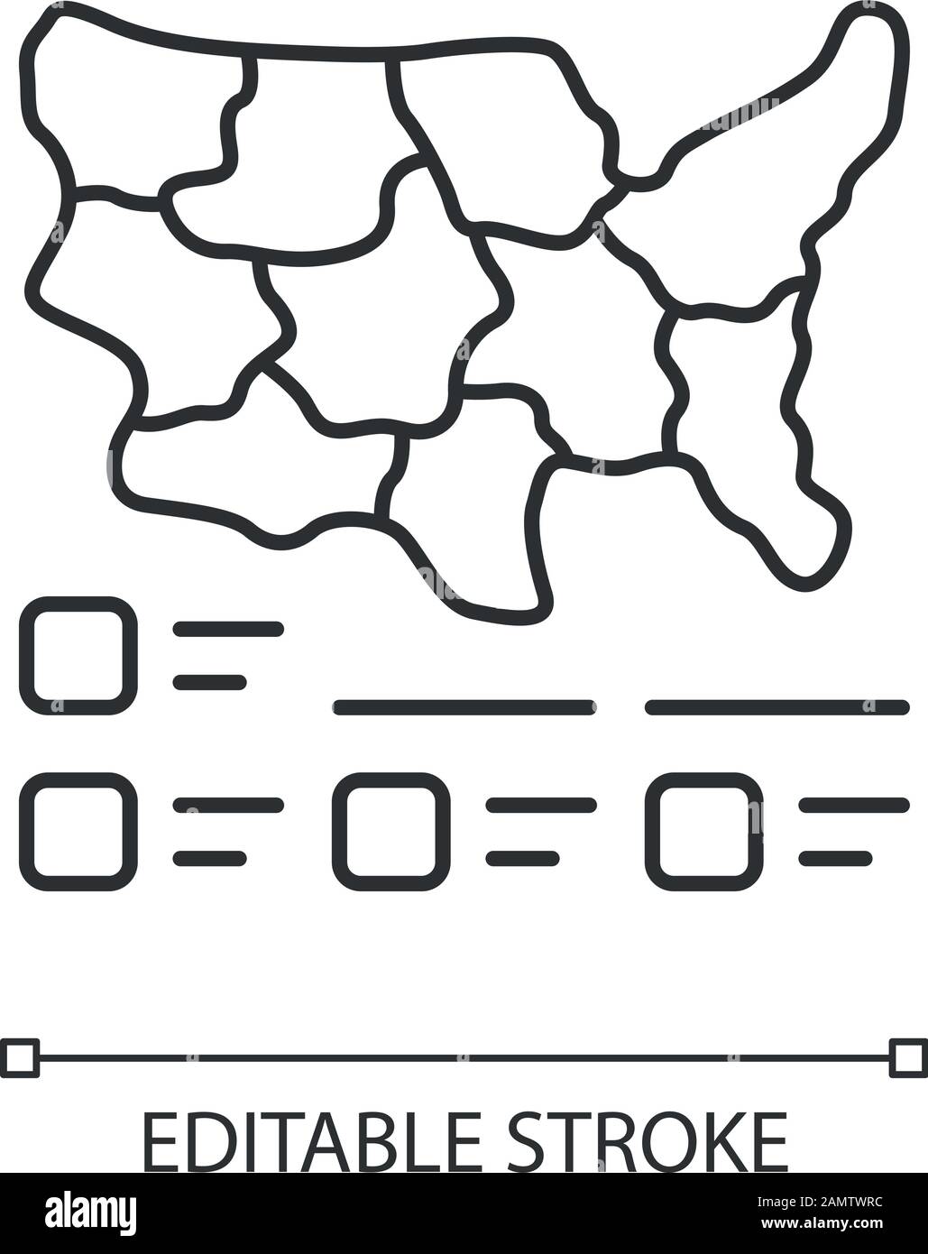 Lineares Cartogram-Symbol. Diagramm. USA-Karte mit Statistiken. Grafischer Bericht zu geografischen Unterschieden. Dünne Linie. Kontursymbol. Vektorisola Stock Vektor
