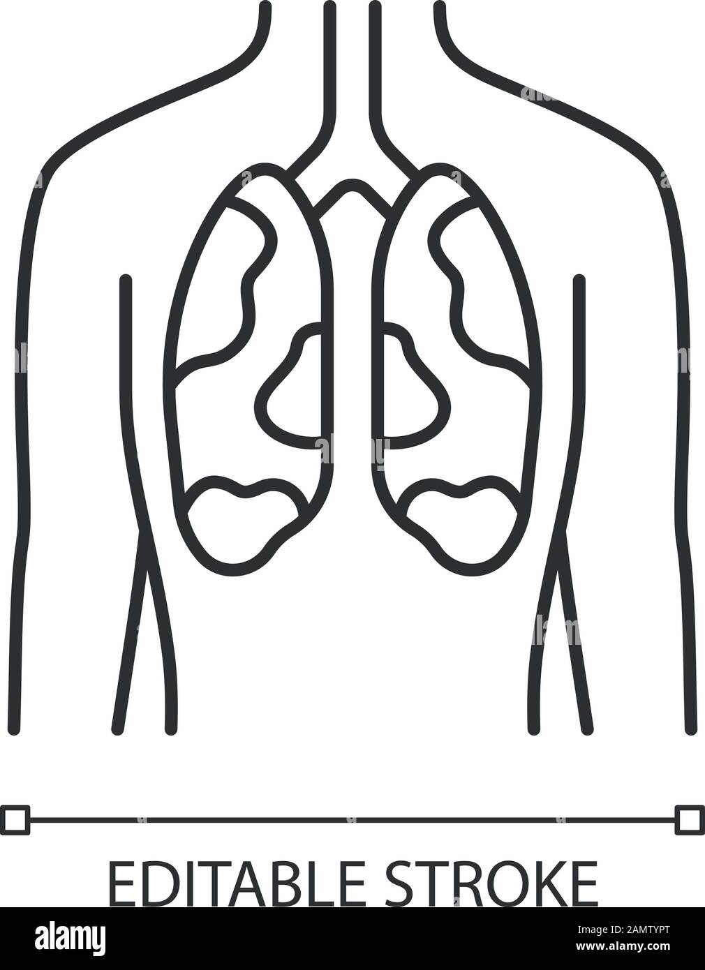 Symbol für die lineare Lunge. Schmerzendes menschliches Organ. Tuberkulose, Krebs. Ungesundes Pulmonalsystem. Atemgesundheit. Dünne Linie. Kontursymbol Stock Vektor