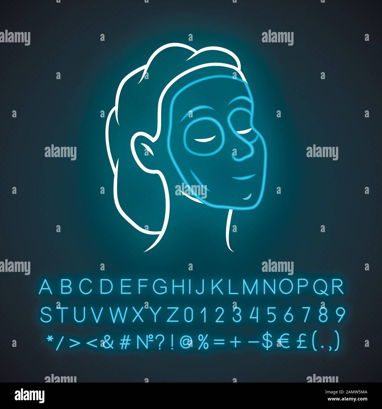 Selbstgemachte Gesichtsmaske aus Ton, Neonlicht. Leuchtendes Zeichen mit Alphabet, Zahlen und Symbolen. Entspannende isolierte Illustration für die Therapie im Spa-Salon. H Stock Vektor