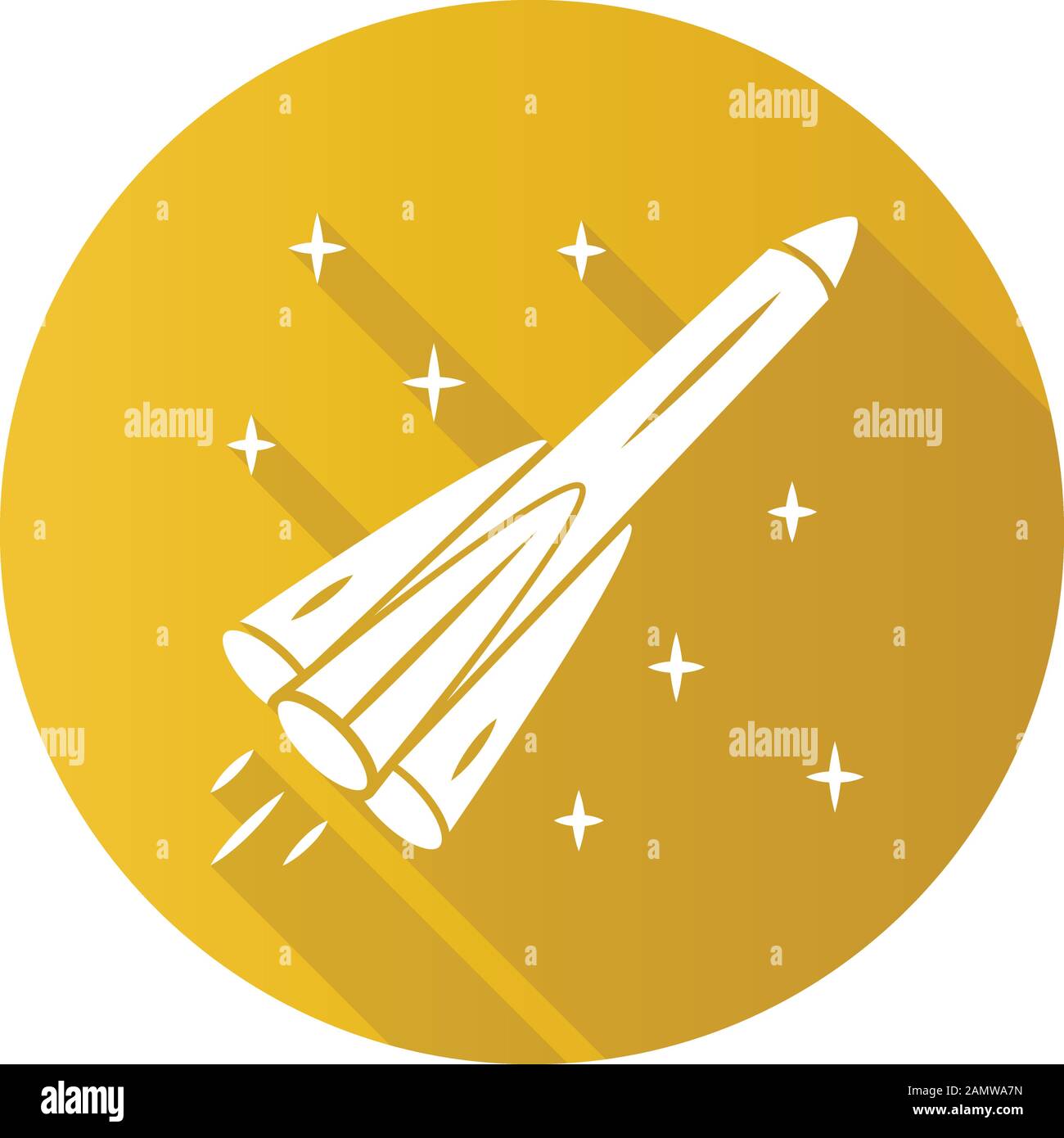Flaches Design mit langer Schatten-Glyphe. Flugkörper, Raumfahrzeuge, Flugzeuge. Startfahrzeug für künstliche Satelliten. Raumflug durch Menschen. Interplanetar Stock Vektor