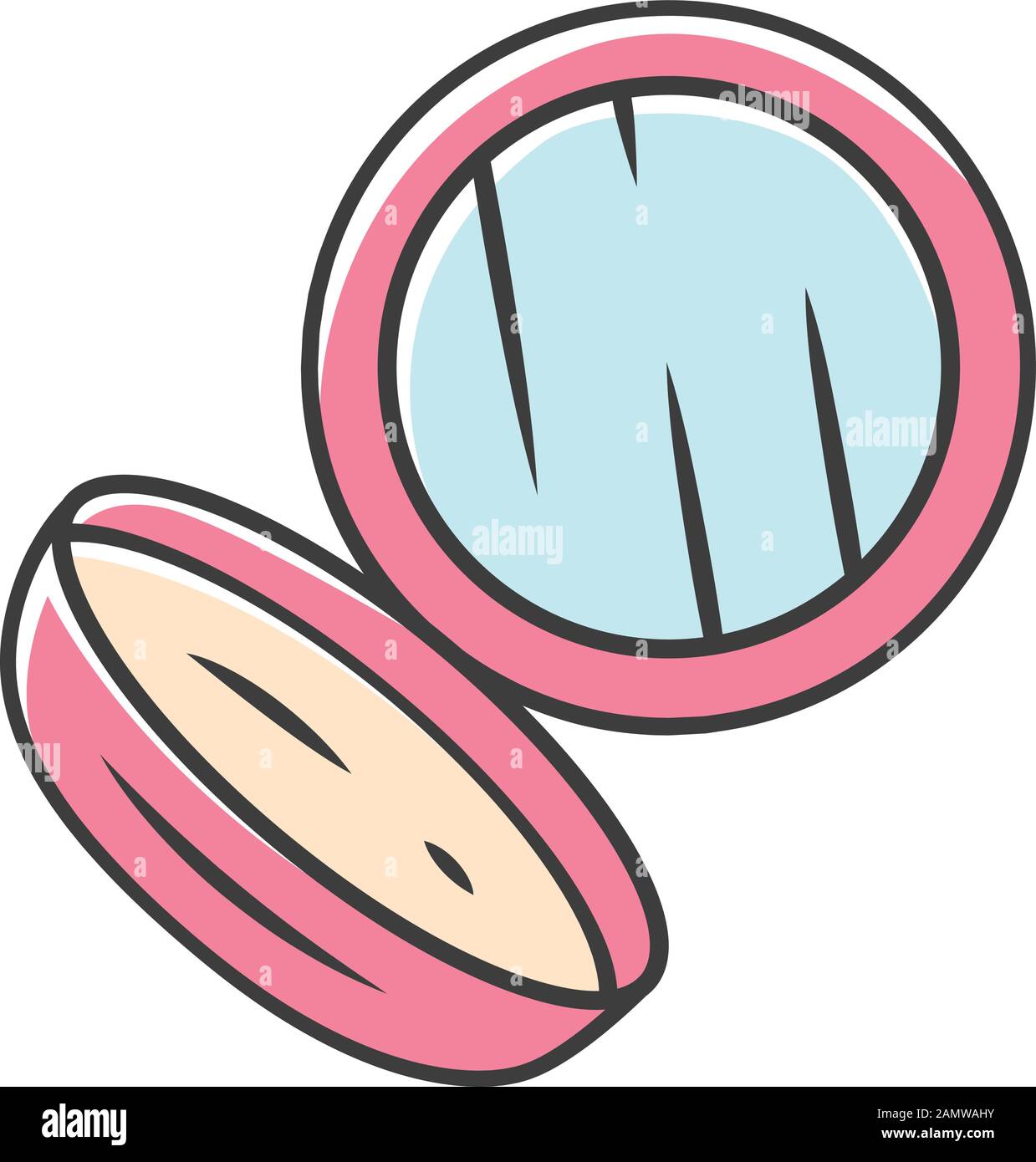 Symbol für Farbe des Pulvergehäuses mit offener Fläche. Kompakte Bürste mit spiegelisolierter Vektordarstellung. Gesichts-Makeup-Attribut, persönliches kosmetisches Werkzeug. Feminine FA Stock Vektor