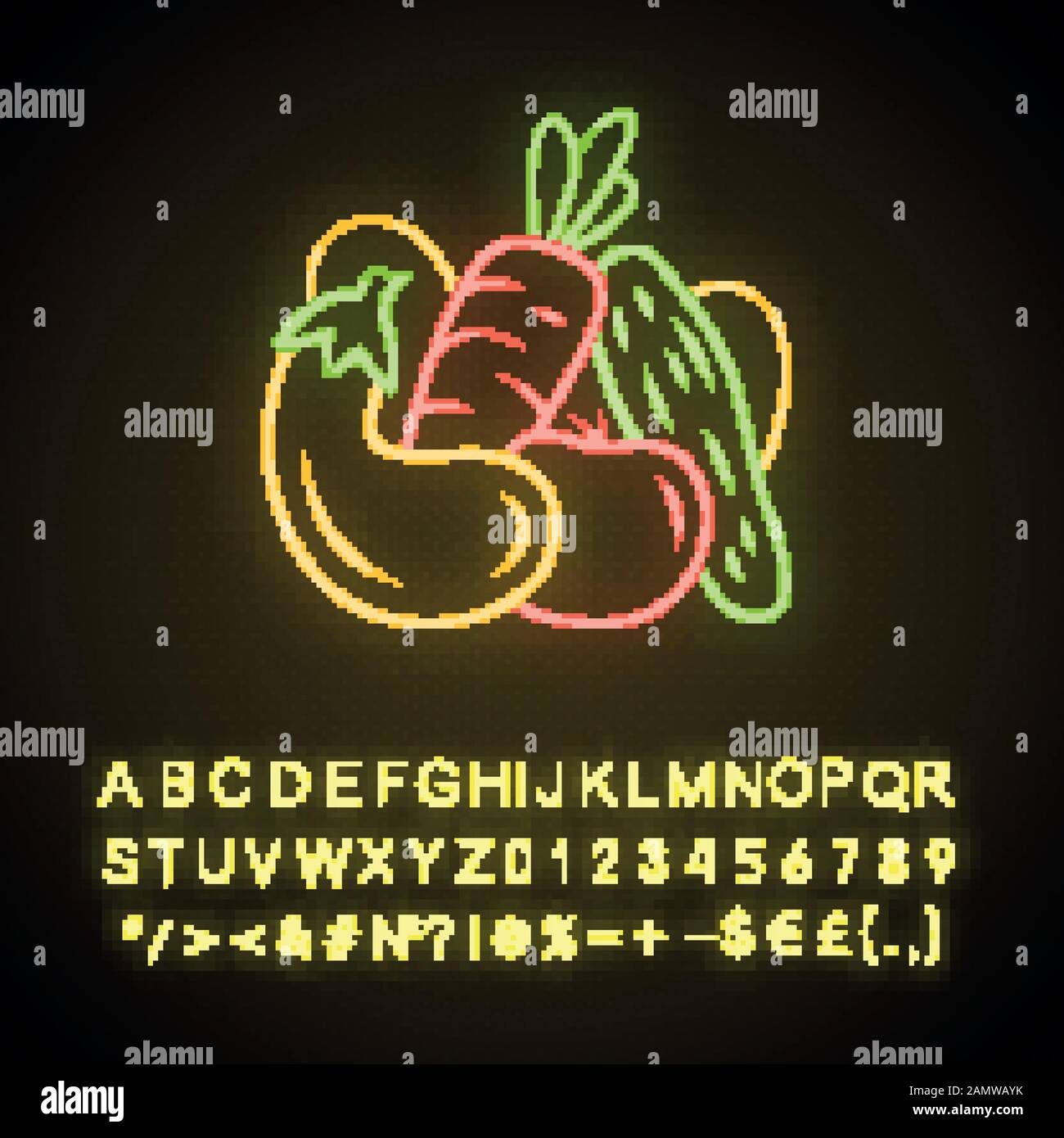 Symbol für Gemüseneon-Licht. Gurke, Tomate, Karotte. Gesunde Ernährung. Vegetarisches, veganes Essen. Landwirtschaftlichen Pflanzen. Leuchtendes Zeichen mit Alphabet, numbe Stock Vektor