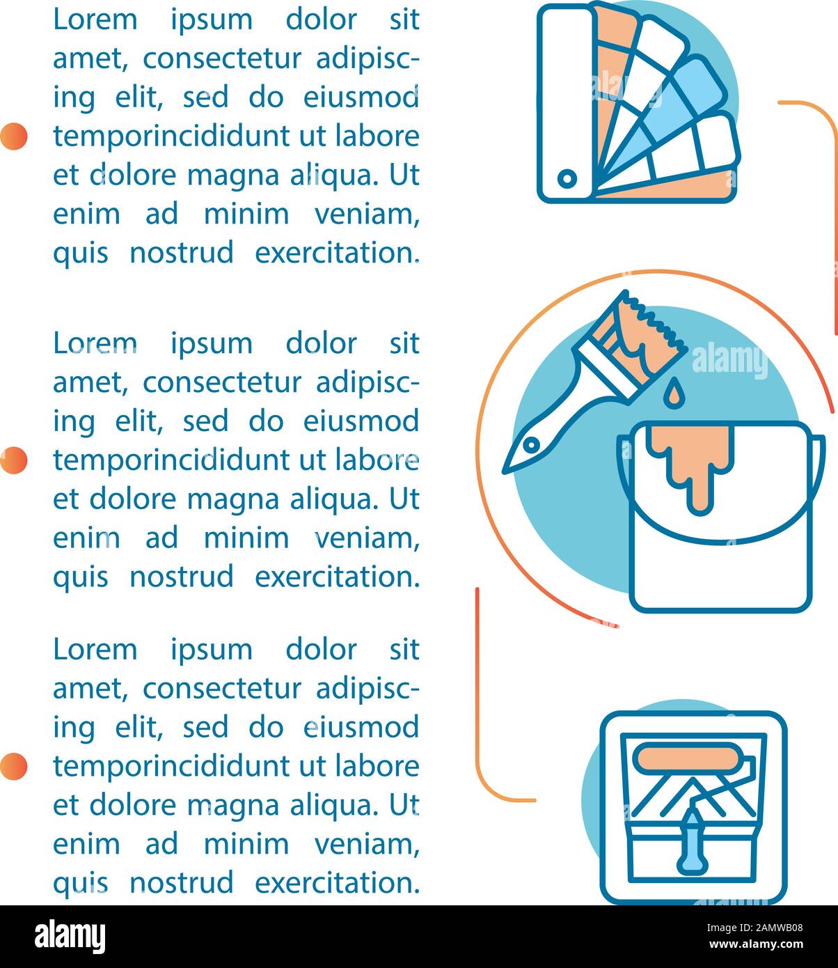 Innenanstrich Artikelseite Vektorvorlage. Hausmalerdienste. Broschüre, Magazin, Booklet Design Element mit linearen Symbolen und Textfeldern. P Stock Vektor