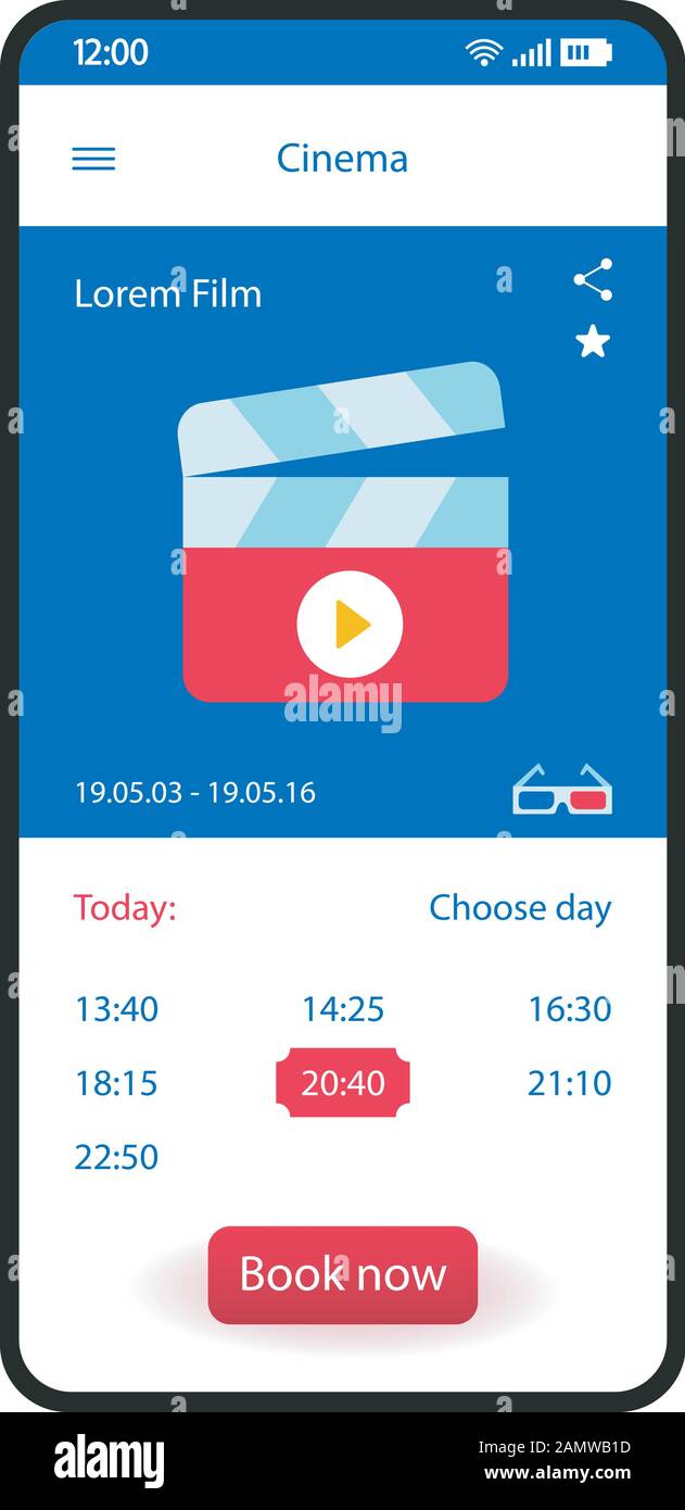 Vektorvorlage für die Smartphone-Benutzeroberfläche für Buchungstickets. Blaues Design der Seite der mobilen App. Kinobuchungsbildschirm. Flache Benutzeroberfläche für Kinosaal Stock Vektor