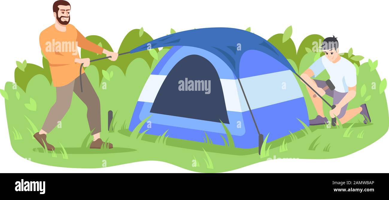Männer, die Camp Flat Vector Illustration einrichten. Freunde, Camper, Vater und Sohn Cartoon-Figuren. Sommeraktivitäten, Abenteuer im Freien. Tent installati Stock Vektor