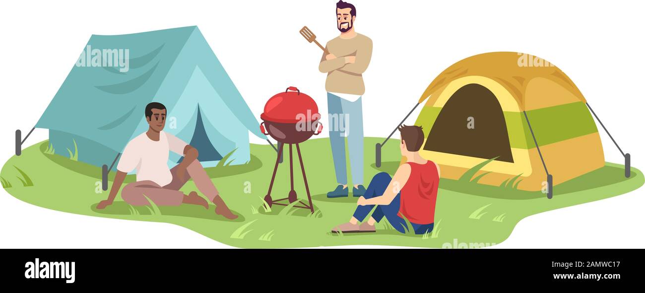 Vektorbasierte Darstellung von Reisemelten. Junge Camper auf Barbecue-Zeichentrickfiguren. Fröhliche Männer Gruppe auf Picknick, Sommerurlaub. Saisonal im Freien Stock Vektor