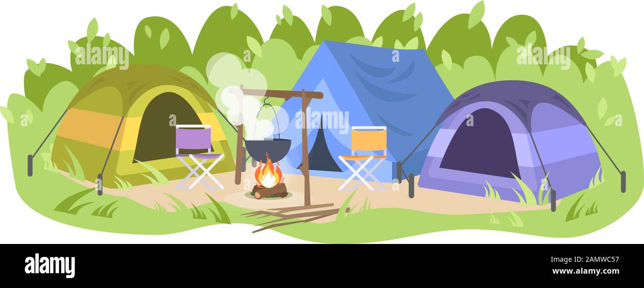 Camping ohne Leute flache Vektorgrafiken. Waldcamp, Zelte Stühle und Camping-Topf. Landschaftstourismus. Kochen von Speisen auf Lagerfeuer, Pickni im Freien Stock Vektor