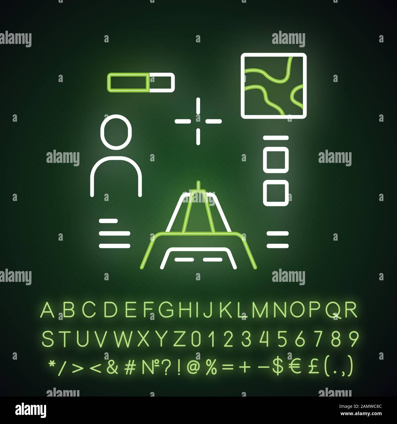 Shooter von der ersten Person Neon-Licht-Symbol. Virtuelles Videospiel. Online-Multiplayer. Battle royale. Computerspiel-Schnittstelle. Leuchtendes Zeichen mit Alphabet, Stock Vektor