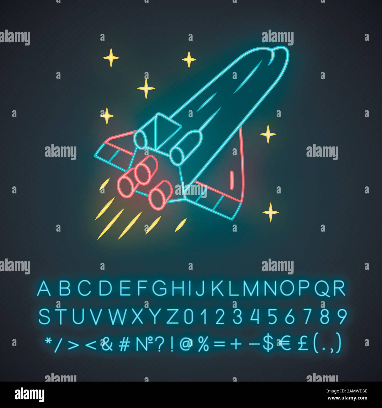 Symbol für Raumschiff Neon Light. Fliegende Raumsonde. Luft- und Raumfahrtfahrzeug. Flugkörper, Flugzeug. Raumflug durch Menschen. Weltraumforschung. Leuchtendes Zeichen mit Alphabet, Stock Vektor