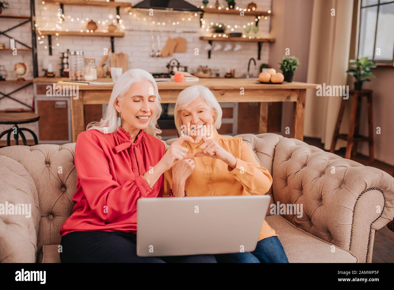 Zwei sympathisch aussehende ältere Frauen, die online mit Freunden sprechen Stockfoto