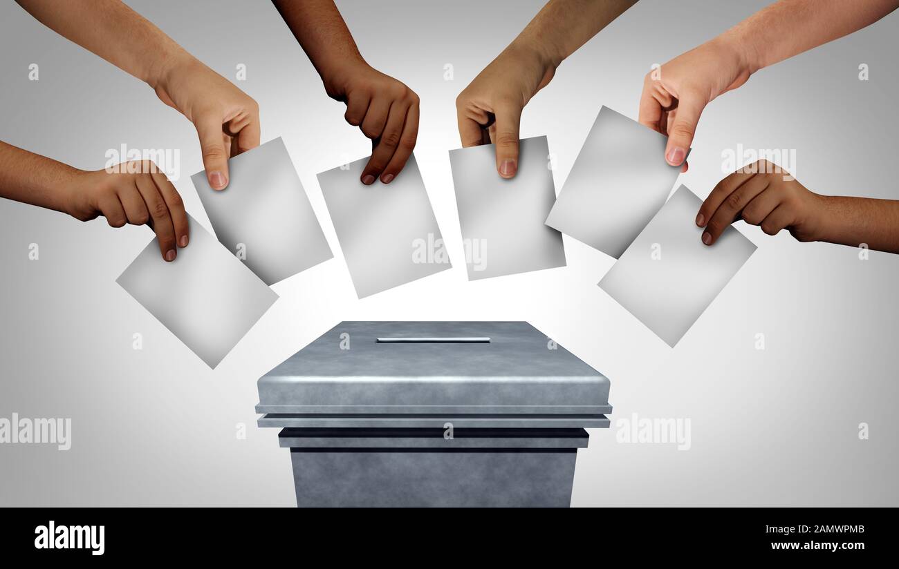 Community Vote and Voting Diversity Konzept und diverse Hände, die in einem Wahllokal Stimmzettel als demokratisches Recht in einer Demokratie abgeben. Stockfoto