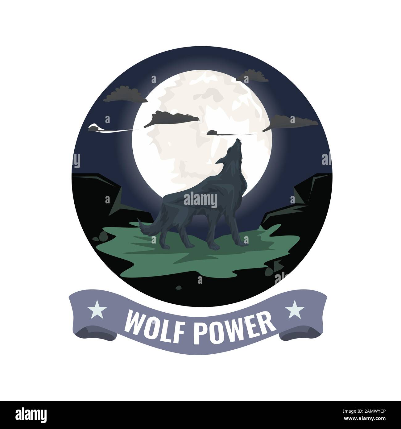 Wolf heult auf dem Berg mit Vollmondhintergrund. Rundes Symbol mit Farbband. Abbildung: Flacher Vektor. Stock Vektor