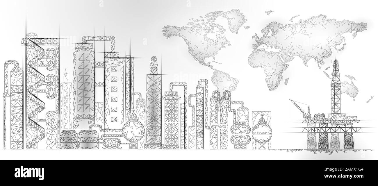 Erdölraffineriekomplex Low Poly World Map. Finanzwirtschaft Polygonale petrochemische Produktionsanlage. Die Erdöl-Brennstoffindustrie wird in die Pipeline einführen Stock Vektor