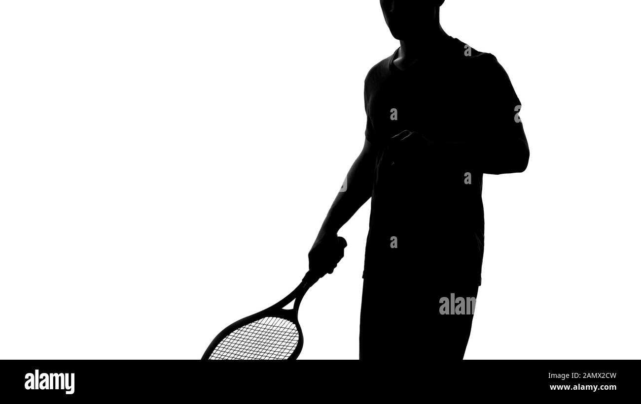 Tennisspieler schattenhaltiger Schläger, Aufwärmen vor Wettkampf, aktives Hobby Stockfoto
