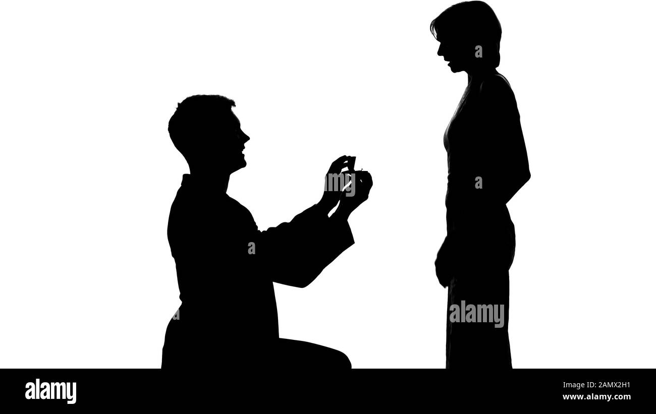 Junger Mann, der der Frau einen Vorschlag macht, ein Heiratsangebot, romantische Beziehungen Stockfoto