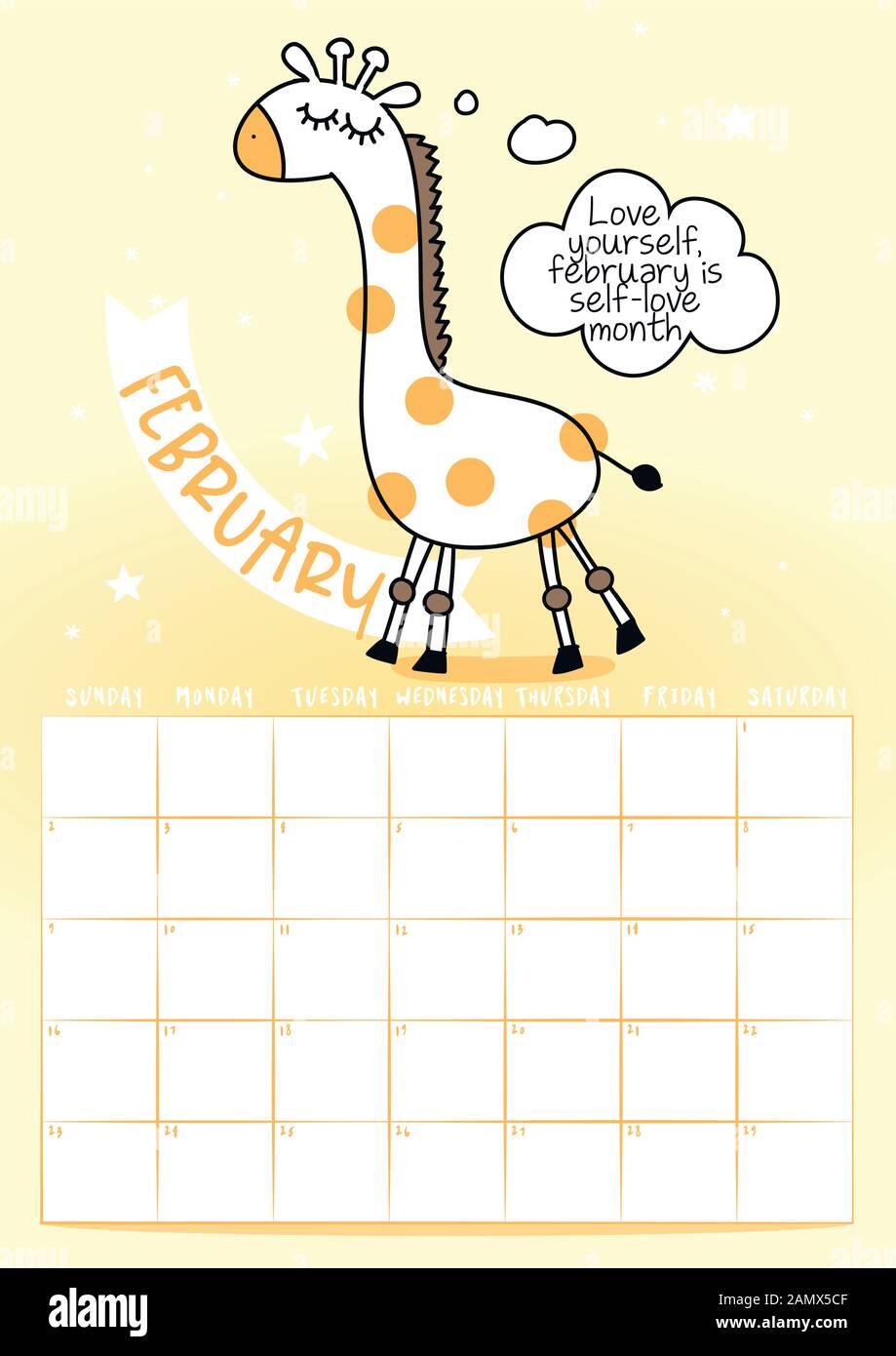 Februar 2020 Kalender mit Kalligraphie Phrase und Giraffe doodle: Ihre eigene Sonne. Kalender, Planer Design, Woche am Sonntag beginnt, sta Stock Vektor
