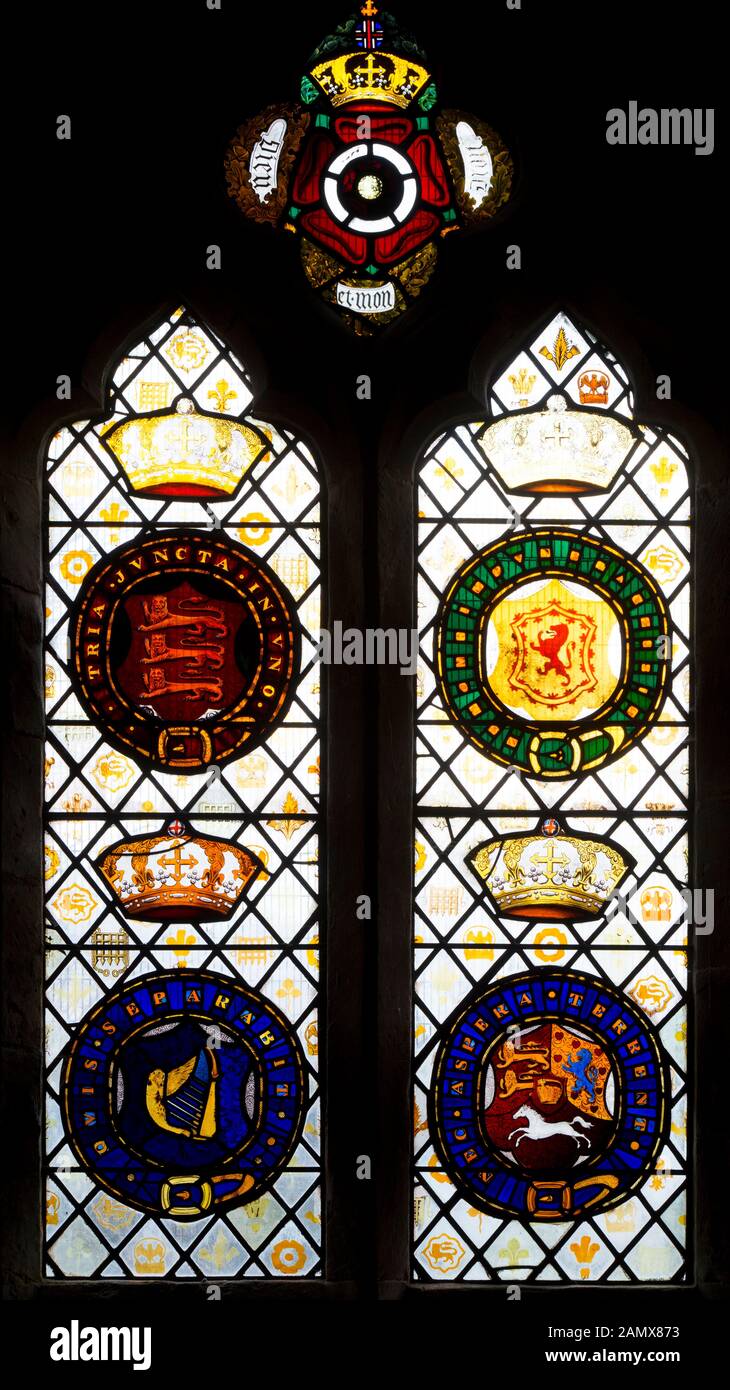 Glasrundel, St. Nicholas Church, Eydon, Northamptonshire, England, Großbritannien Stockfoto