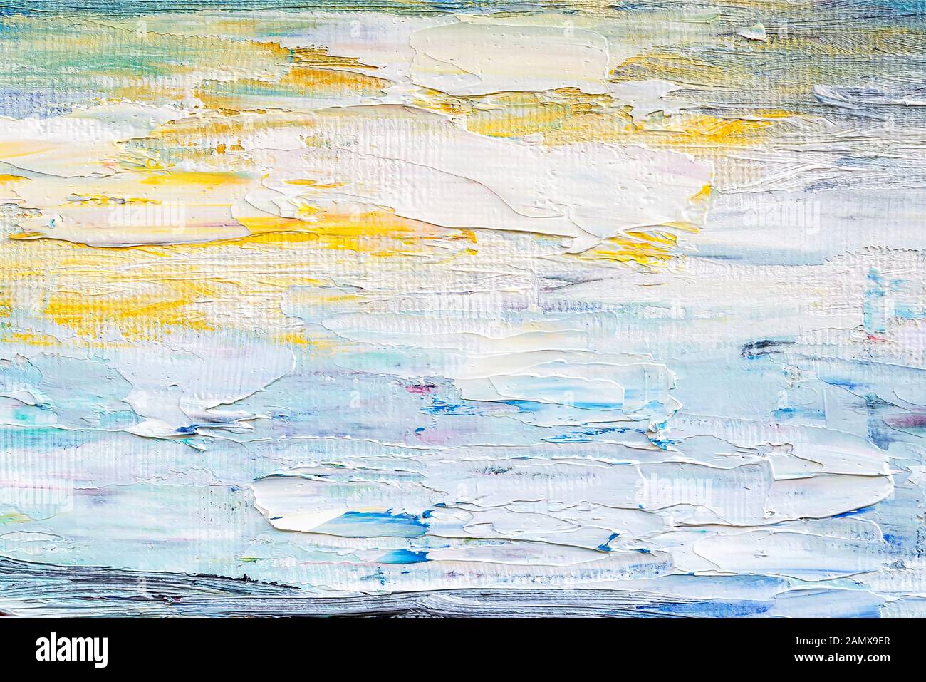 Pinselstriche von Ölfarbe auf der Leinwand. Hand künstlerische Malerei gezeichnet. Weiß, Blau, Gelb gefärbte Fragment eines modernen Kunstwerken. Anschläge der Farbe. Stockfoto
