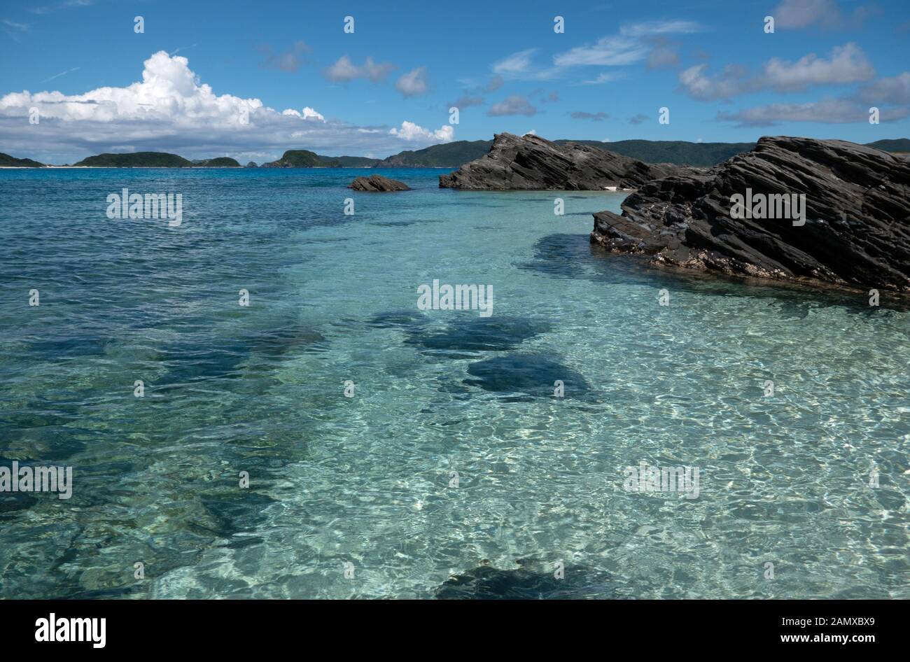 Blick auf japanische Küste und Natur in der Nähe des Strandes Furuzamami auf der Insel Zamami, dem Ryukyu-Archipel, Okinawa, Japan, Asien. Kristallklares Meerwasser mit Korallen Stockfoto