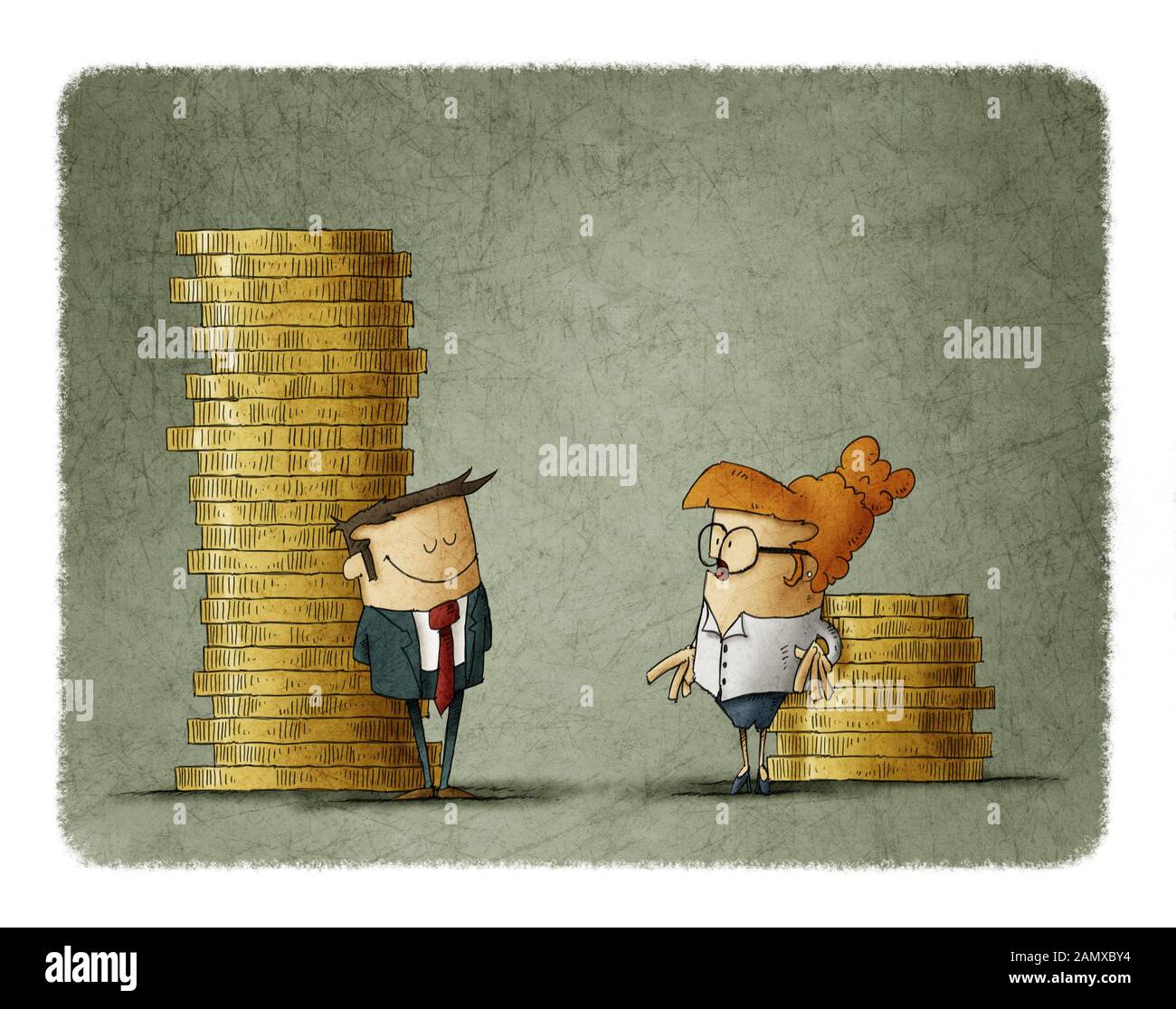 Geschlechtsspezifische Lohnunterschied Konzept. Abbildung: ein Mann und eine Frau, die neben zwei Stapel von Münzen verschiedener Größe Stockfoto
