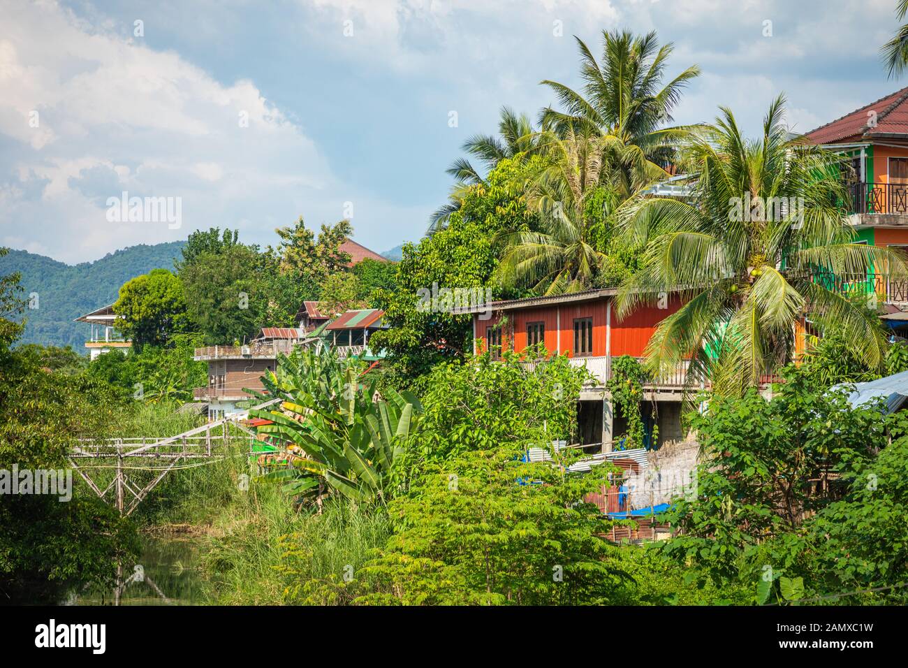 Tropisches Dorf Vang Vieng, Laos. Grüne Palmen. Stockfoto