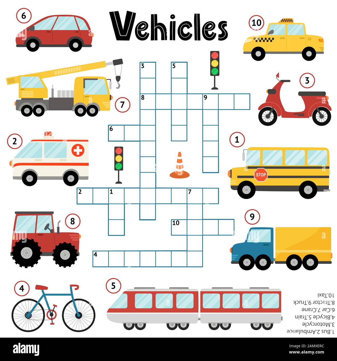 Kreuzworträtselspiel für Kinder über Fahrzeuge Stock Vektor